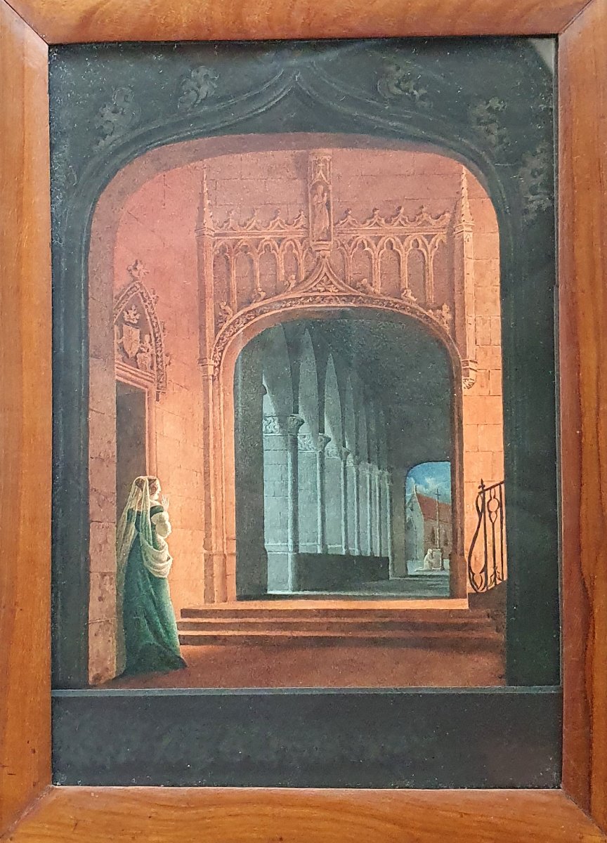 Entourage de Marie-Philippe Coupin de la Couperie Femme à l'intérieur d'un cloître aquarelle -photo-3