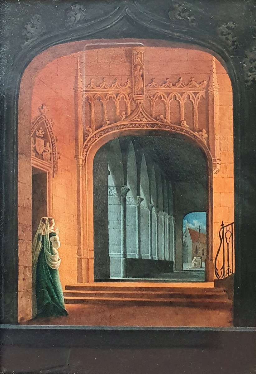 Entourage de Marie-Philippe Coupin de la Couperie Femme à l'intérieur d'un cloître aquarelle 