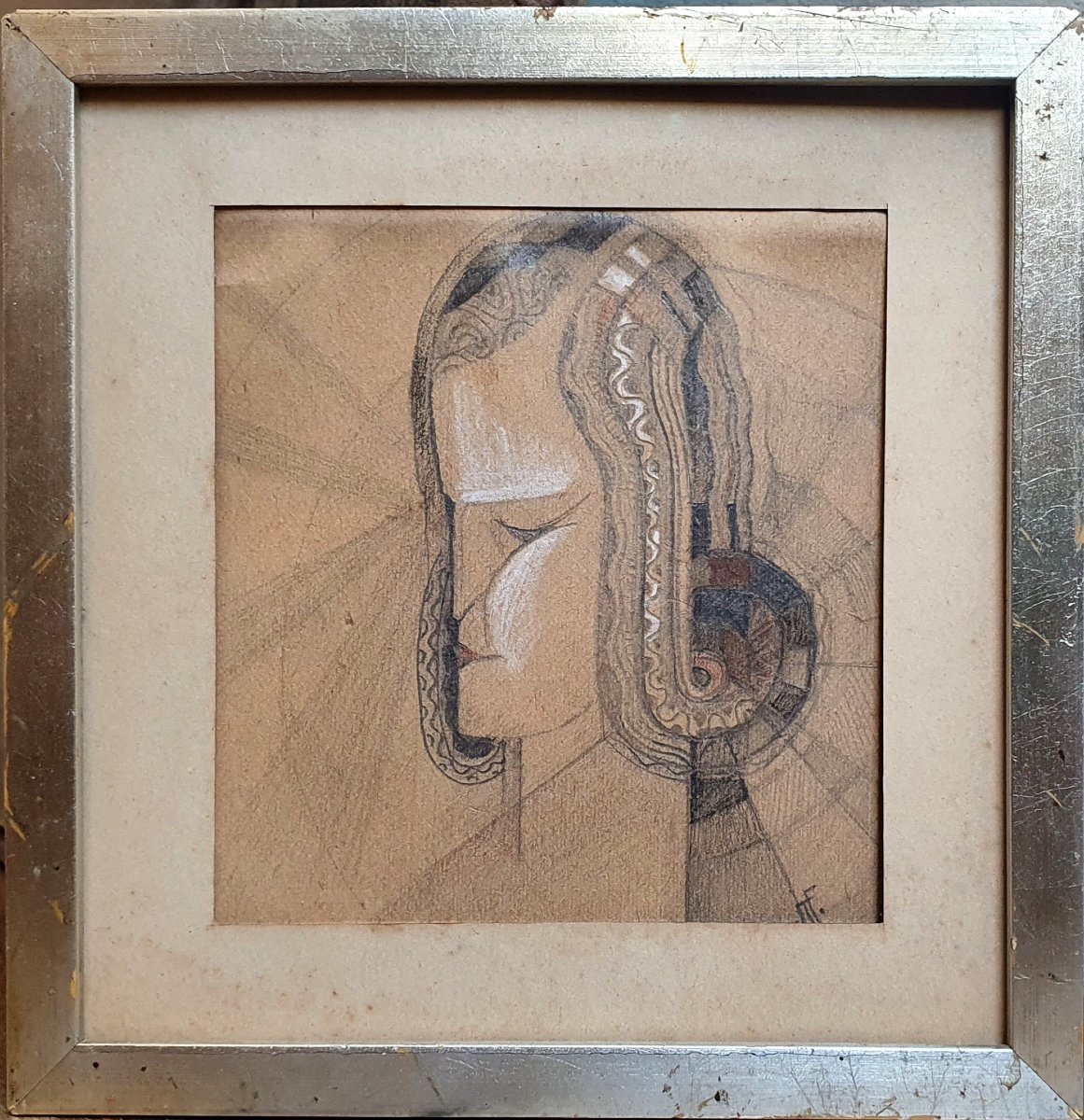 Profil de femme art déco à la manière d'un bijou dessin mine de plomb et aquarelle vers 1925-photo-2