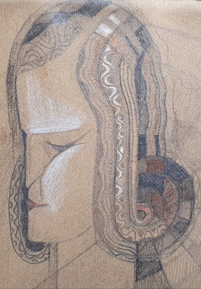 Profil de femme art déco à la manière d'un bijou dessin mine de plomb et aquarelle vers 1925-photo-3