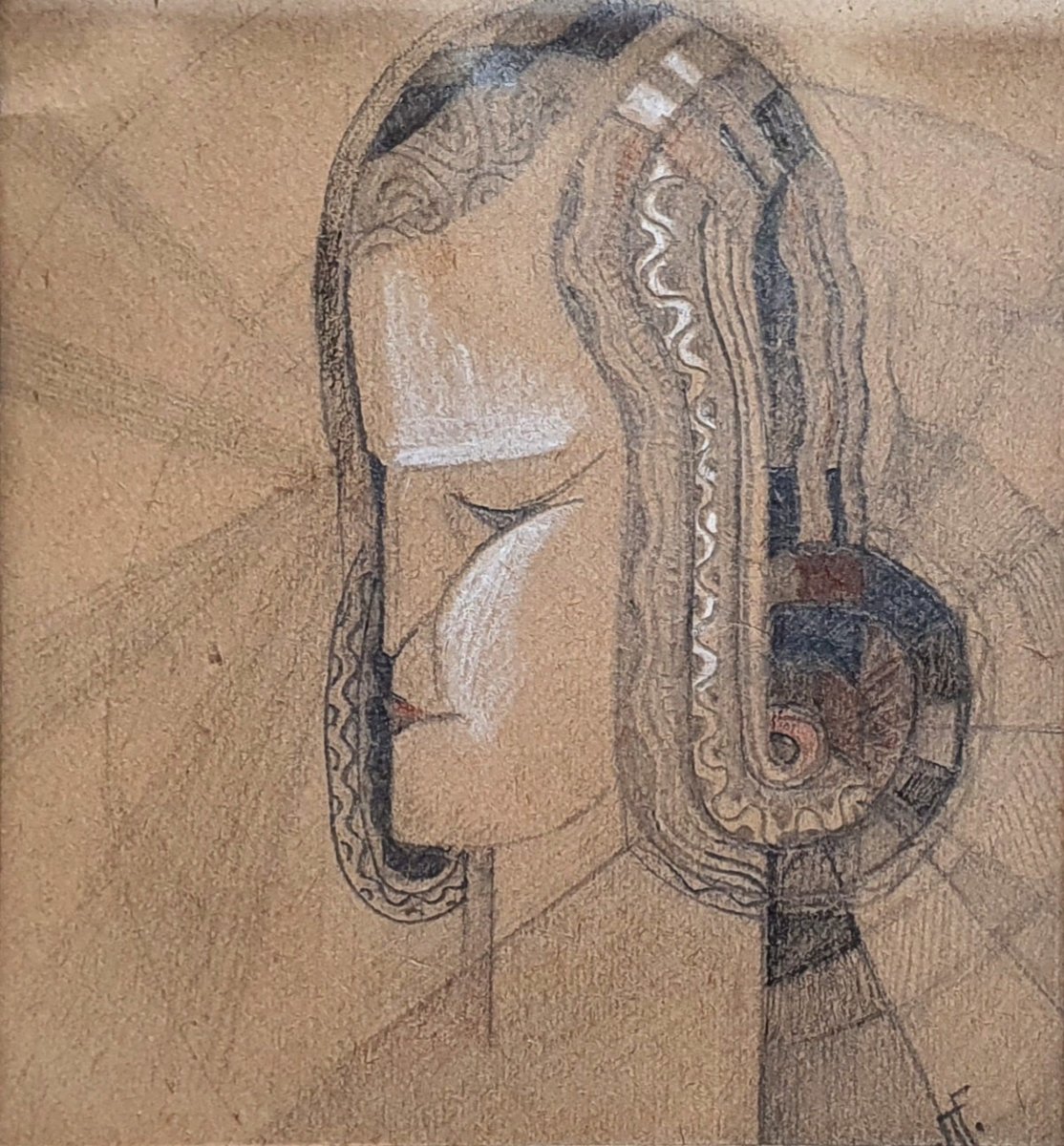 Profil de femme art déco à la manière d'un bijou dessin mine de plomb et aquarelle vers 1925