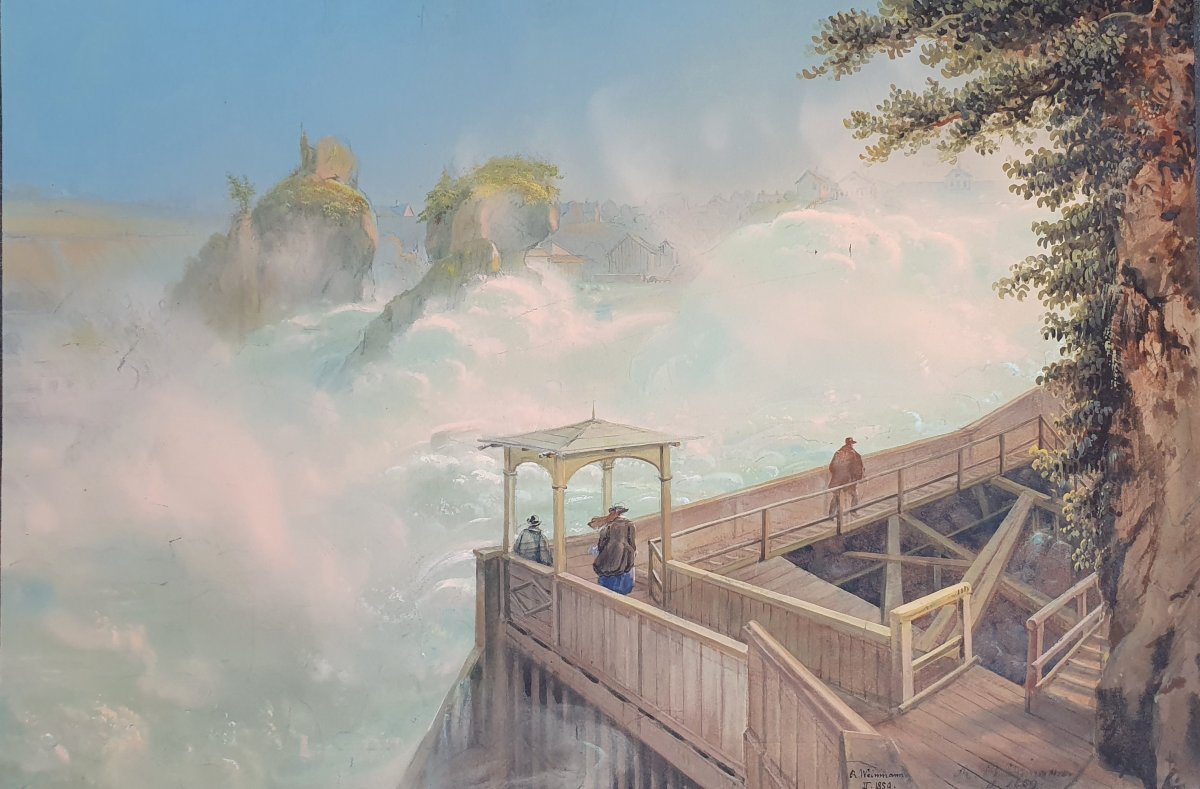 Rodolph Weinmann, The Falls Of The Rhine, Laufen Castle, Switzerland, Watercolor On Paper, 1859