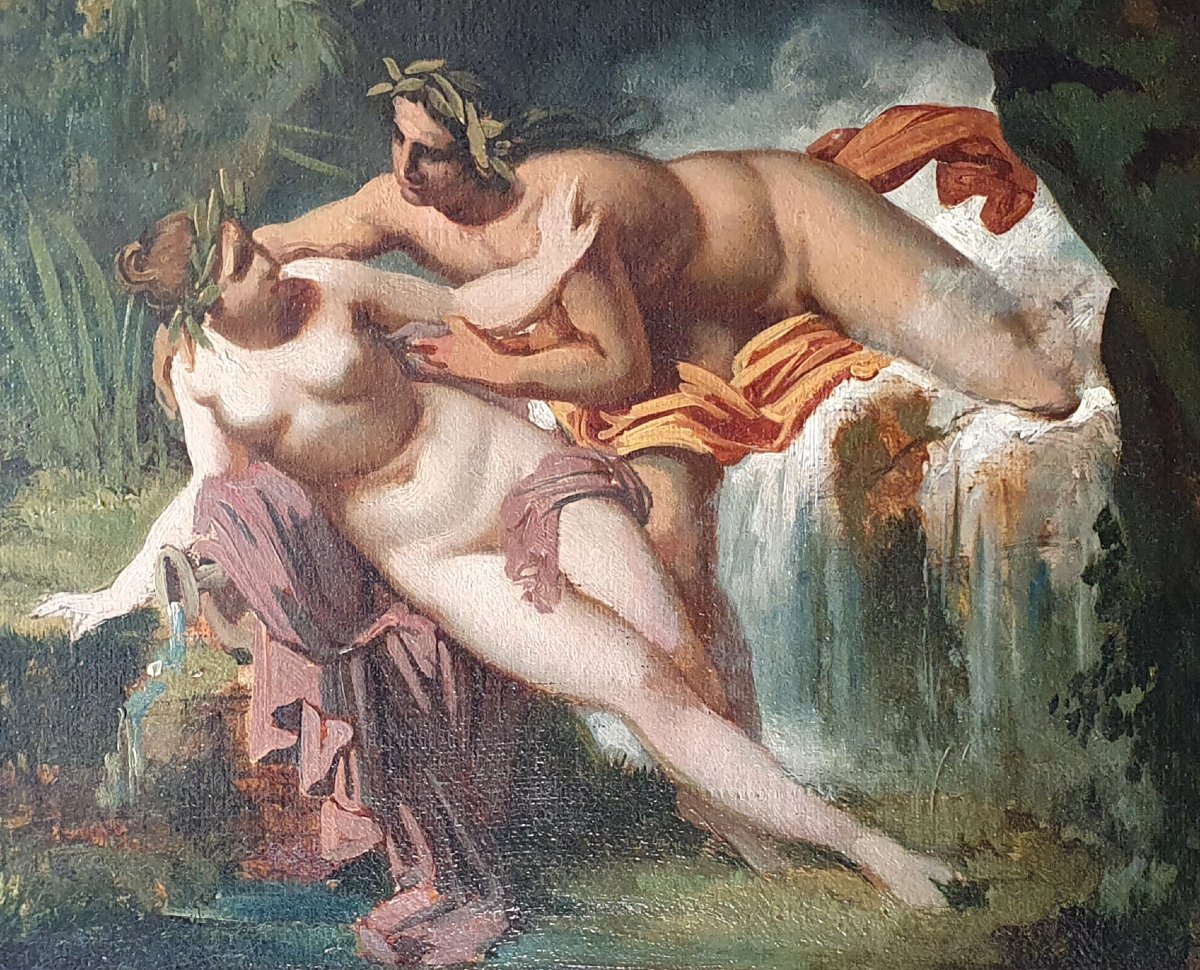 Mythological Scene, Oil On Canvas, 19th Century, Nude Man And Woman, Sketch-photo-3