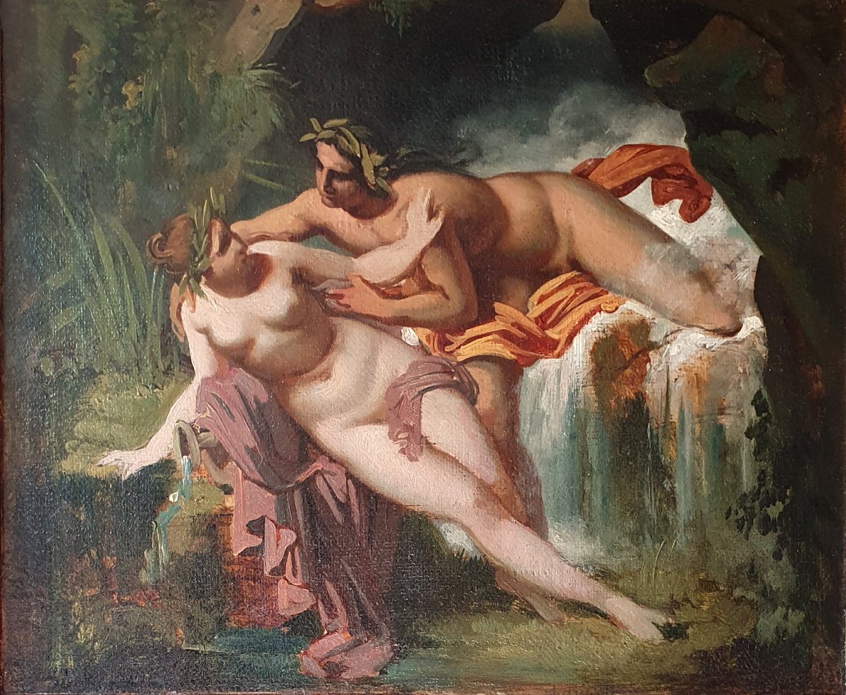 Mythological Scene, Oil On Canvas, 19th Century, Nude Man And Woman, Sketch
