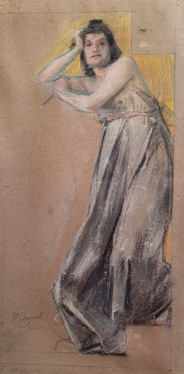 Etude préparatoire femmes aux drapés Crayon gras sur papier fin du XIXèmé siècle Eloy Chapsal-photo-3