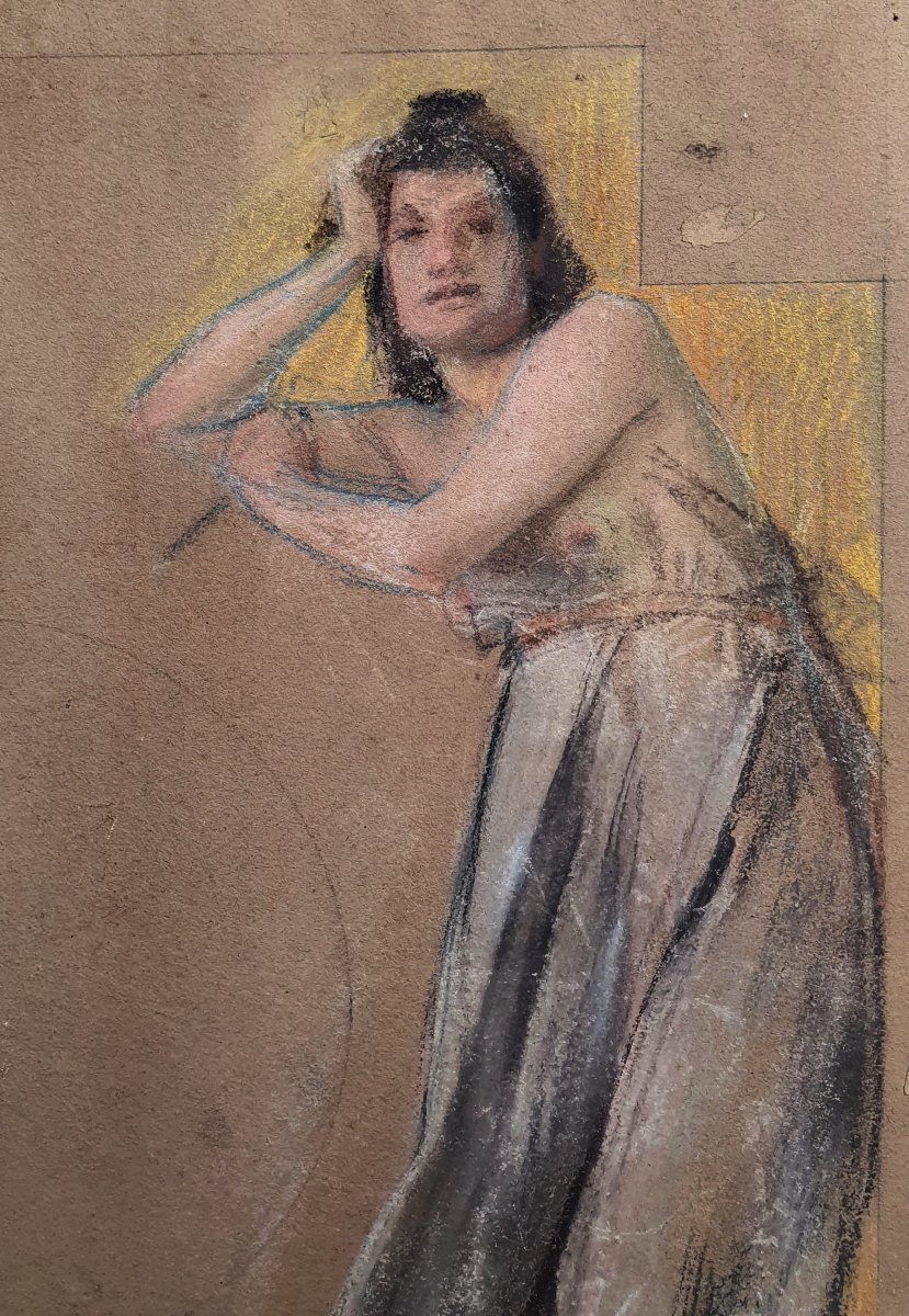 Etude préparatoire femmes aux drapés Crayon gras sur papier fin du XIXèmé siècle Eloy Chapsal-photo-1