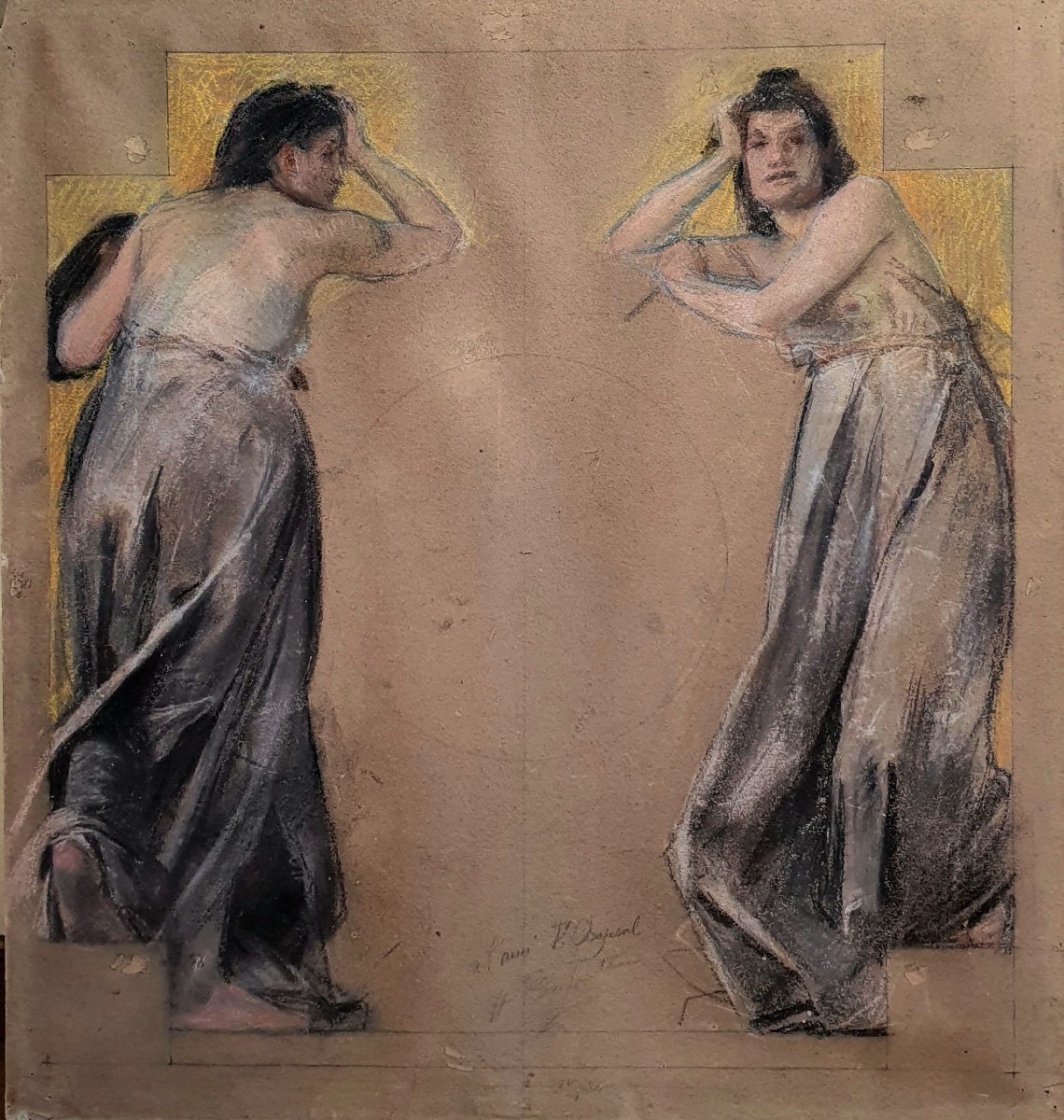Etude préparatoire femmes aux drapés Crayon gras sur papier fin du XIXèmé siècle Eloy Chapsal