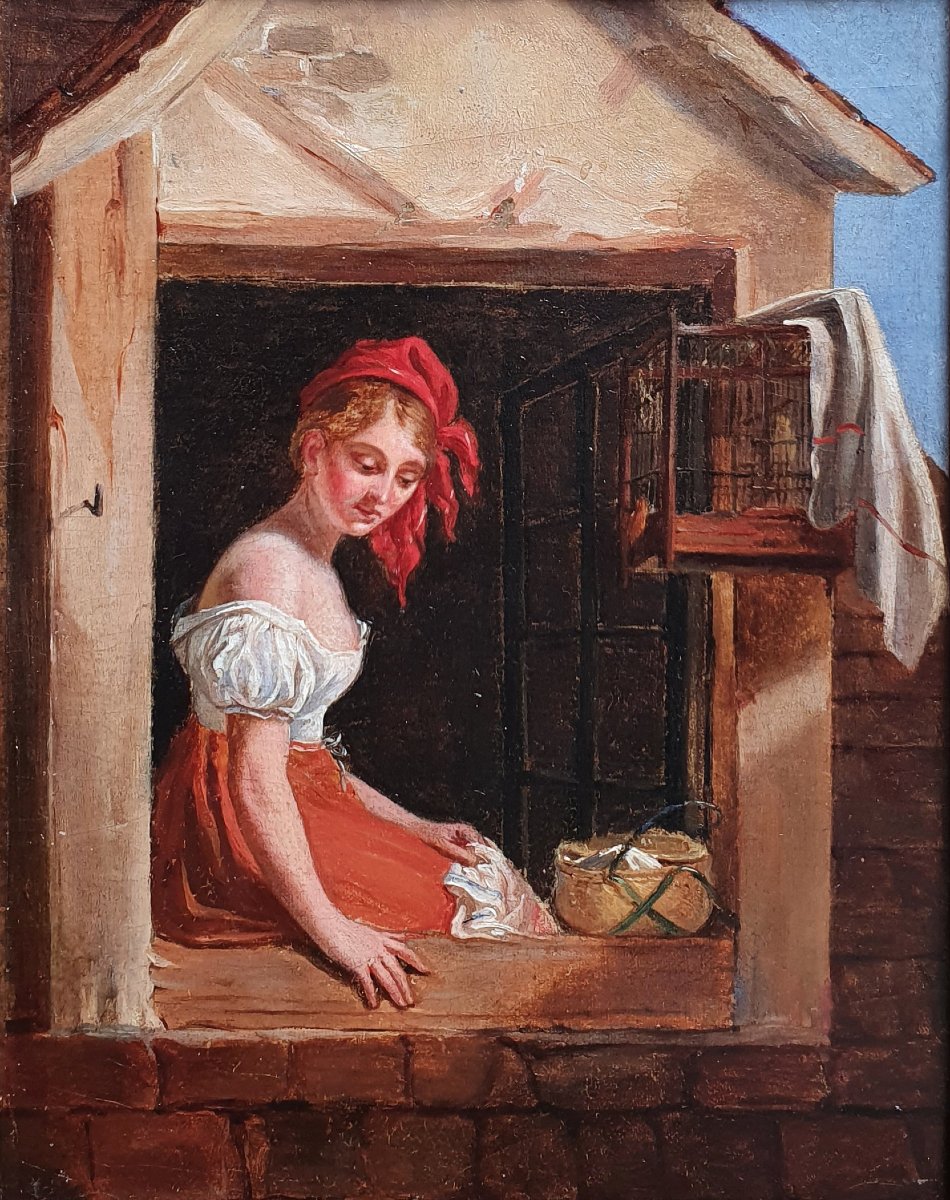 Young Woman At The Window, Oil On Canvas, German Or Northern School, Mid-19th Century