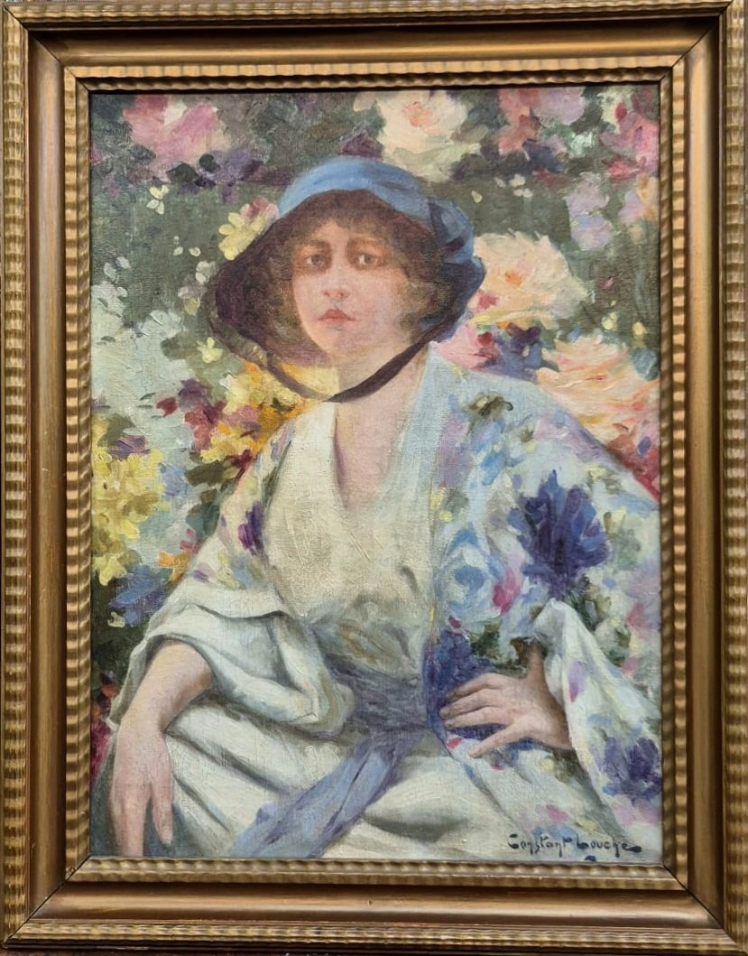 Constant Louche portrait d'une élégante aux fleurs huile sur toile Vers 1920 Alger ?-photo-2