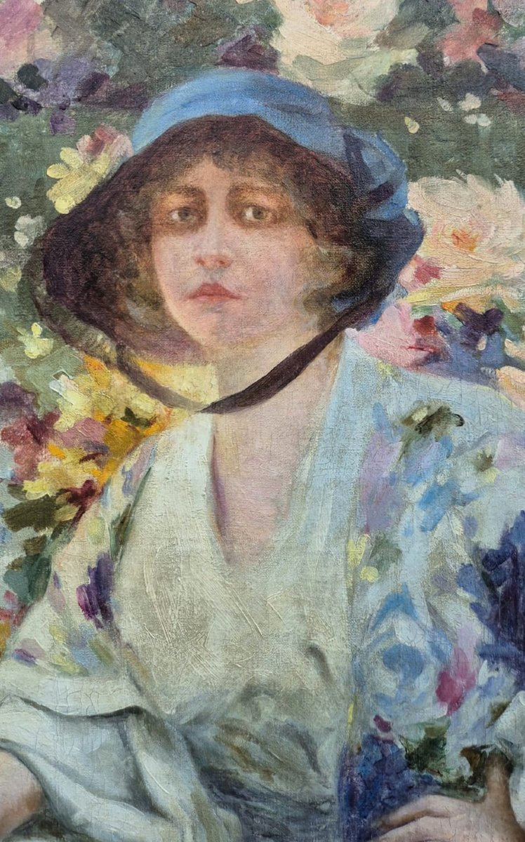 Constant Louche portrait d'une élégante aux fleurs huile sur toile Vers 1920 Alger ?-photo-3