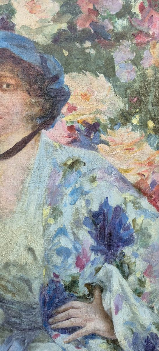 Constant Louche portrait d'une élégante aux fleurs huile sur toile Vers 1920 Alger ?-photo-4