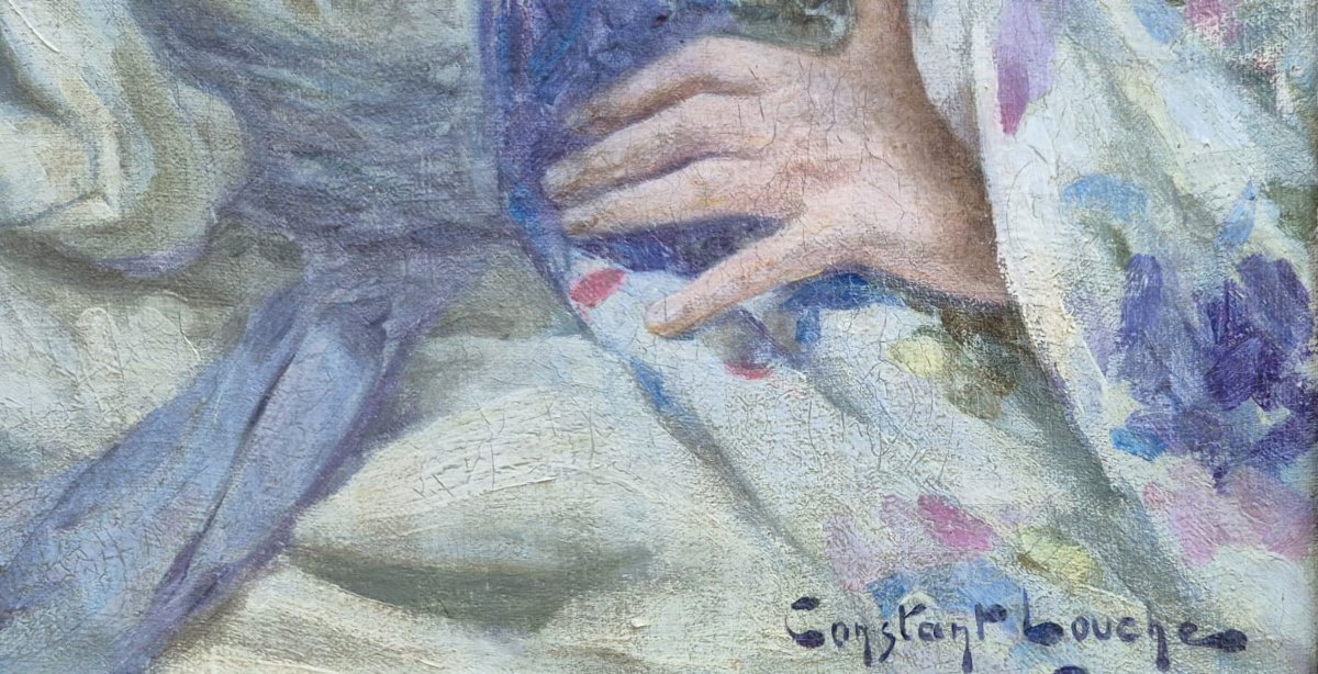 Constant Louche portrait d'une élégante aux fleurs huile sur toile Vers 1920 Alger ?-photo-2