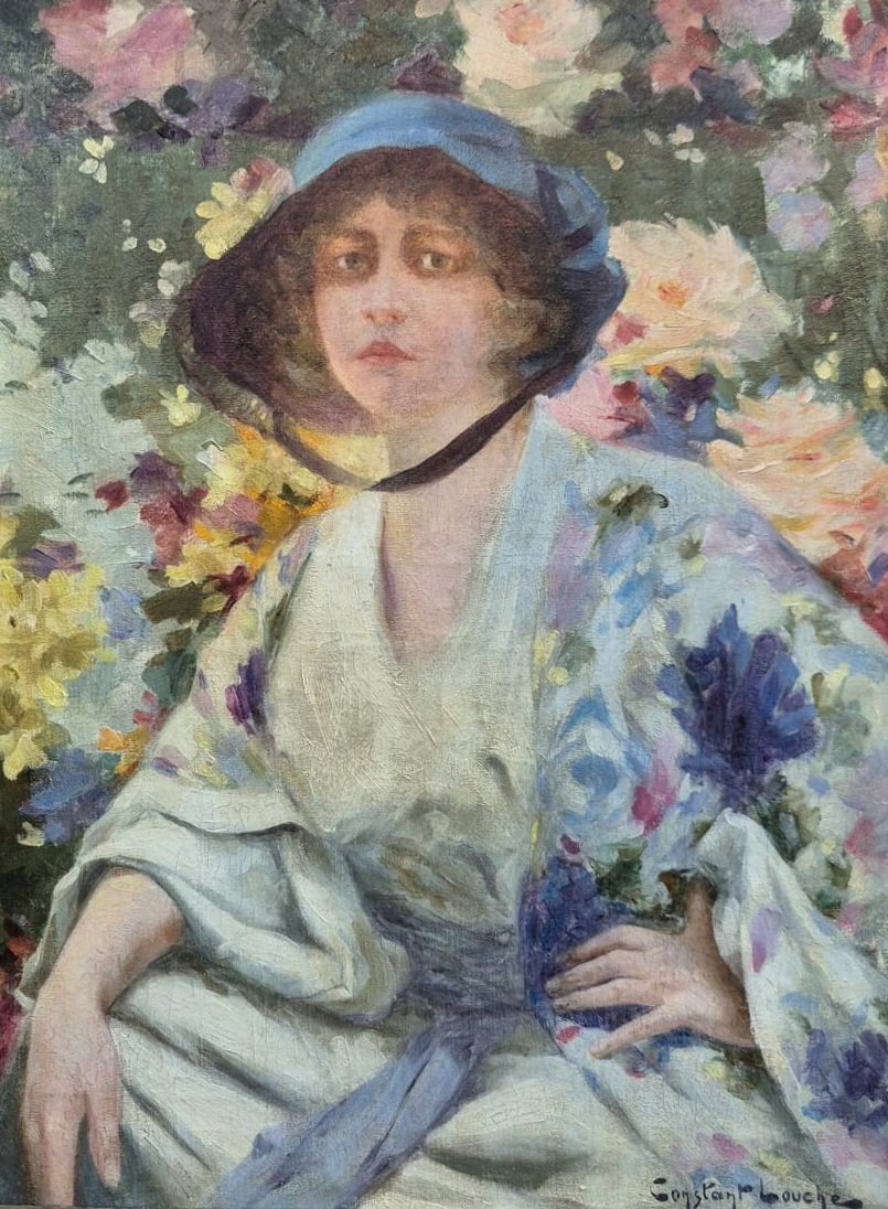 Constant Louche portrait d'une élégante aux fleurs huile sur toile Vers 1920 Alger ?