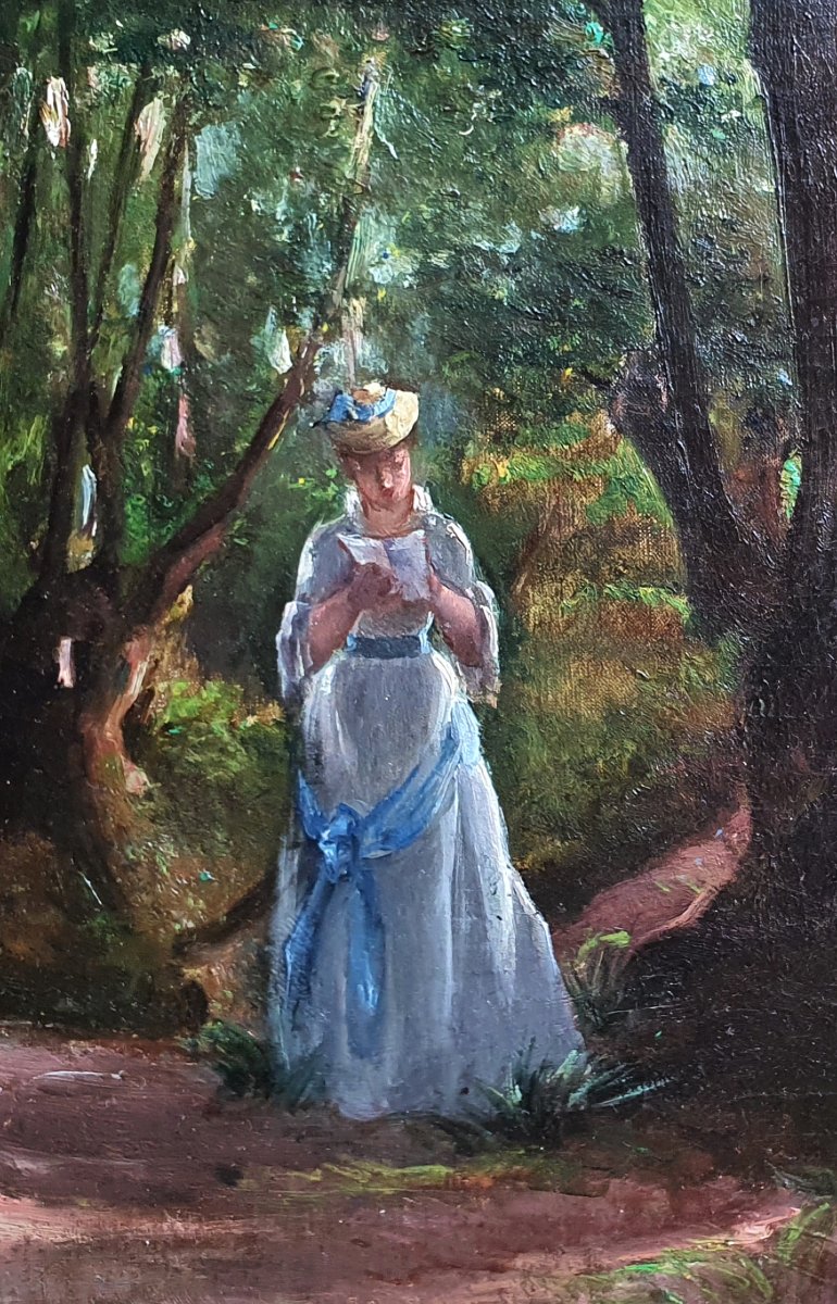 Alix Louise Enault, *young Woman Reading In A Forest*, Oil On Canvas, 1877-photo-3