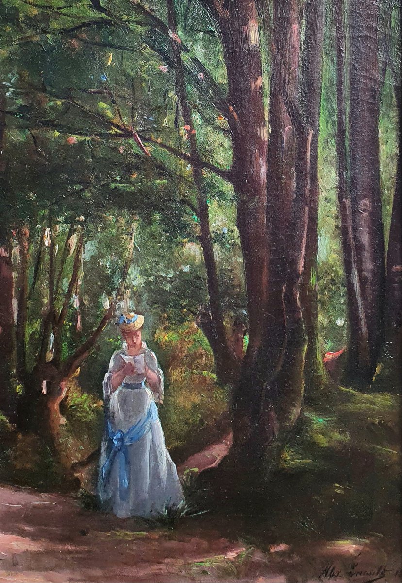 Alix Louise Enault, *young Woman Reading In A Forest*, Oil On Canvas, 1877