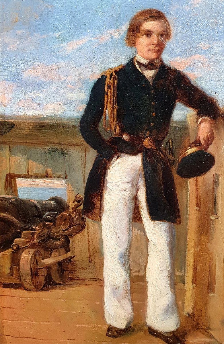 Full-length Portrait Of A Naval Cadet, Oil On Panel, Circa 1860, Frigate With Cannons-photo-3