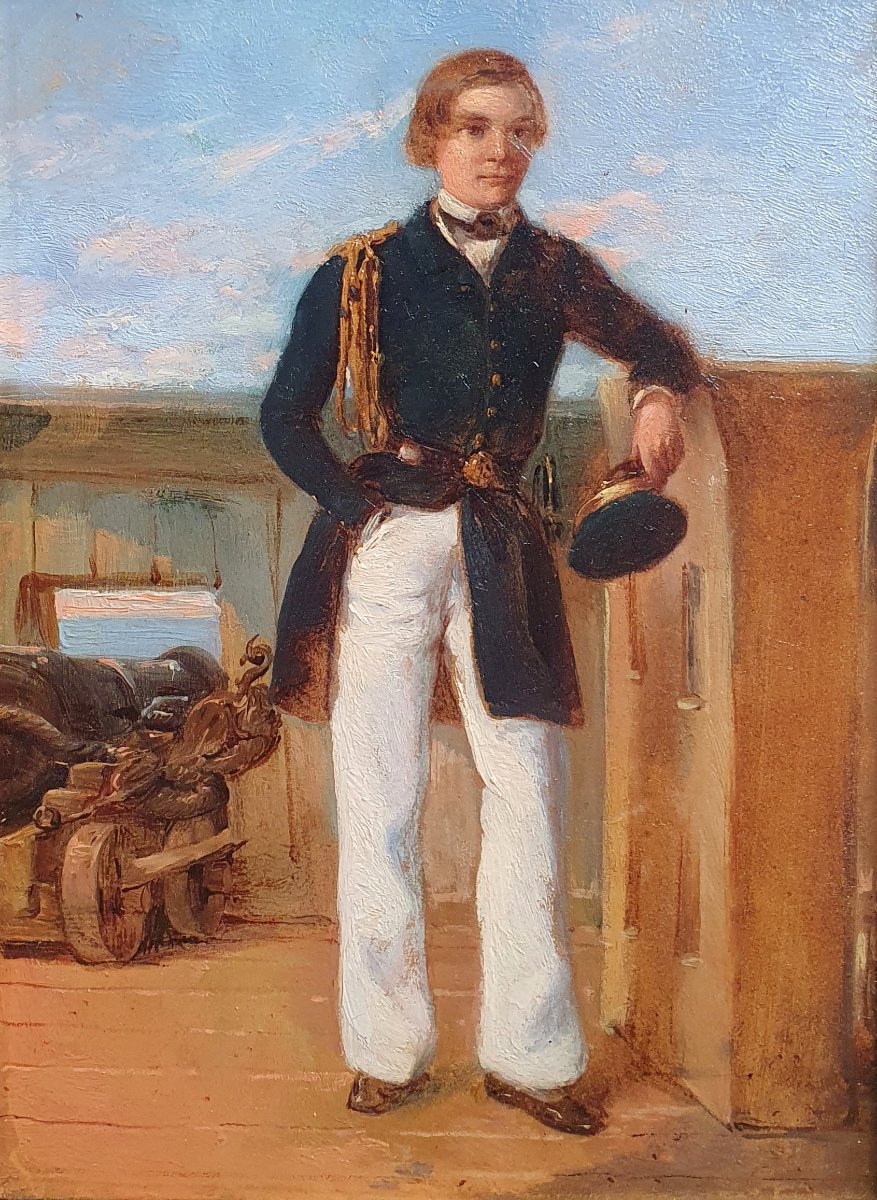 Full-length Portrait Of A Naval Cadet, Oil On Panel, Circa 1860, Frigate With Cannons