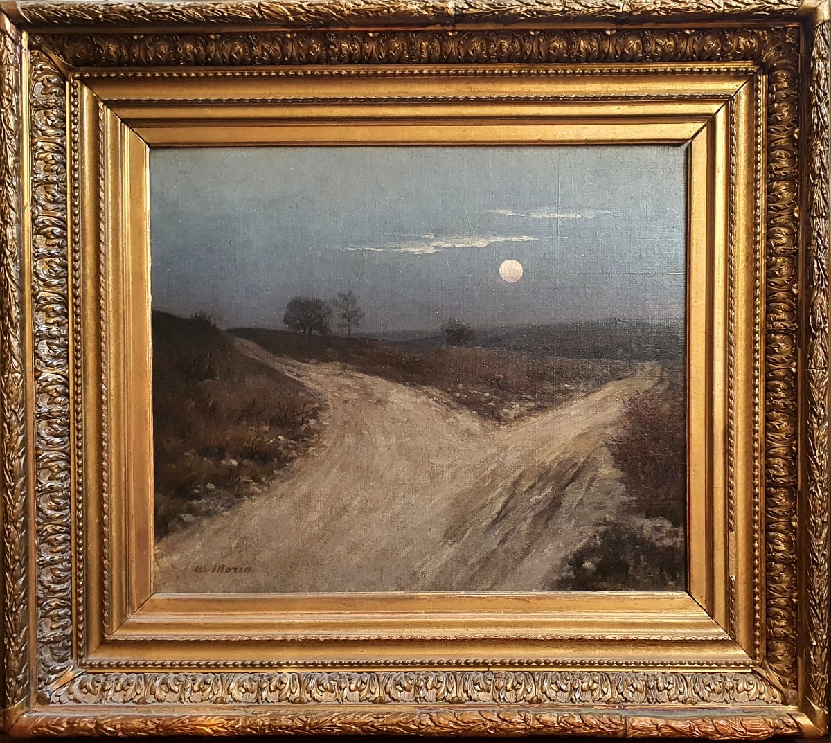 Adolphe Morin, *night Landscape*, Oil On Canvas, 19th Century, Moon-photo-2