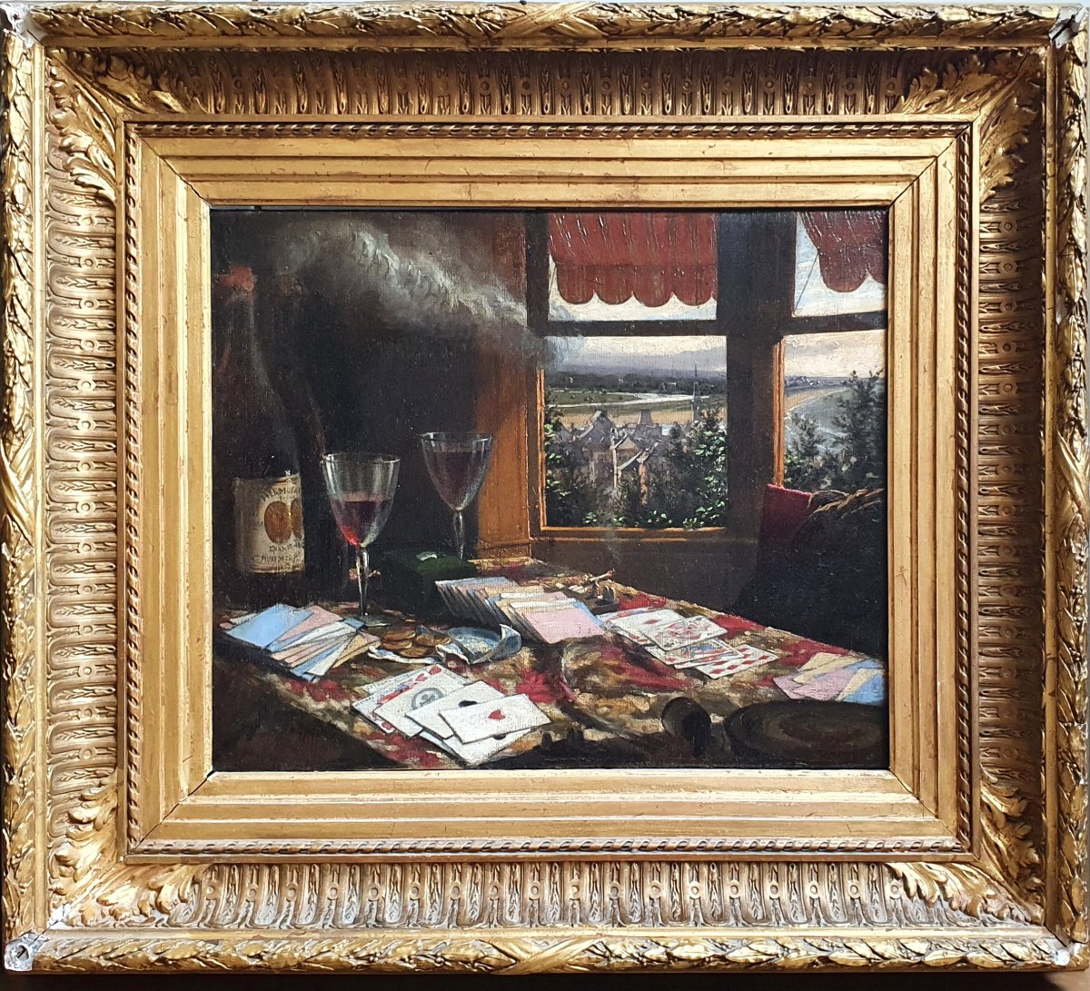 René Sanlot Baguenault *card Game At The Artist's Home In Houlgate*, Oil On Canvas-photo-2
