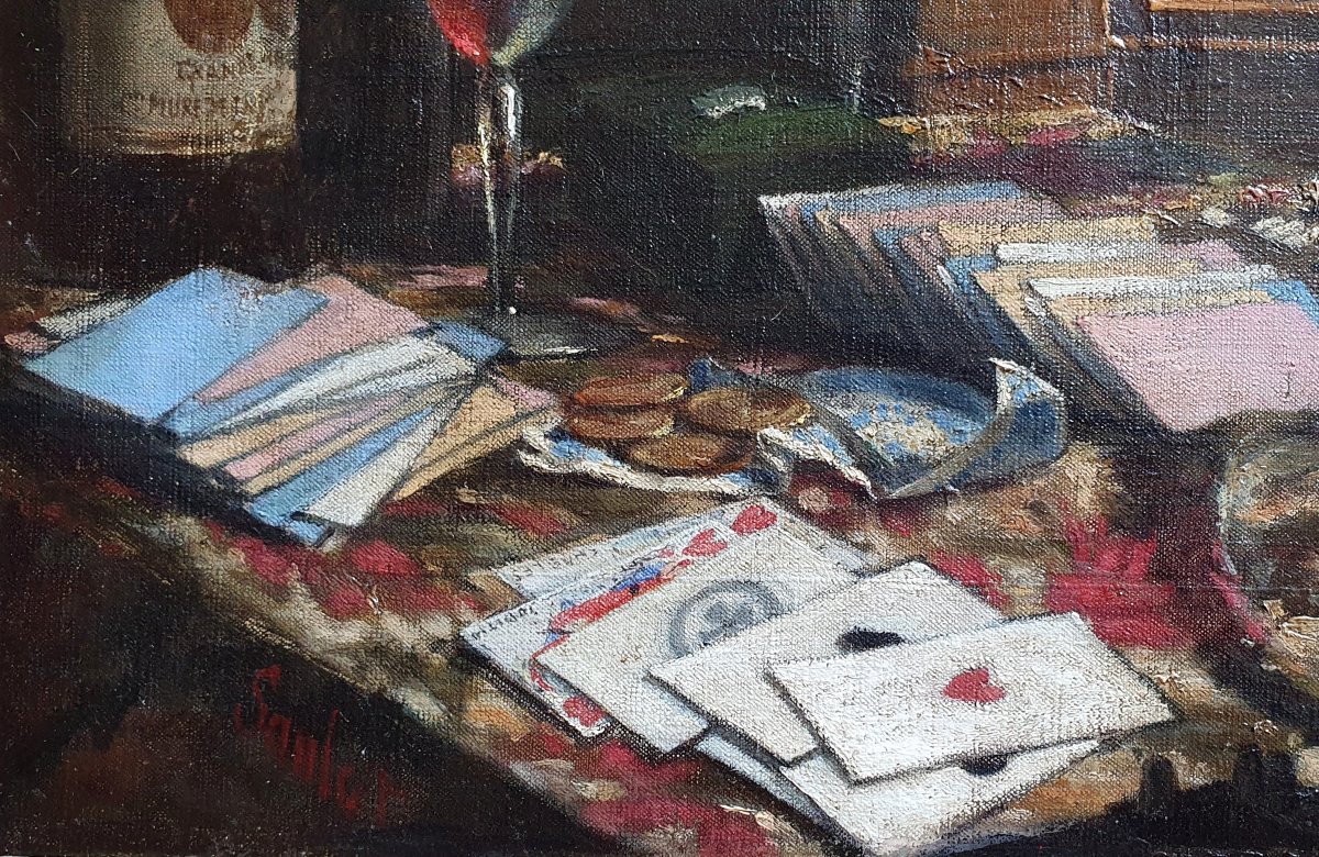 René Sanlot Baguenault *card Game At The Artist's Home In Houlgate*, Oil On Canvas-photo-1
