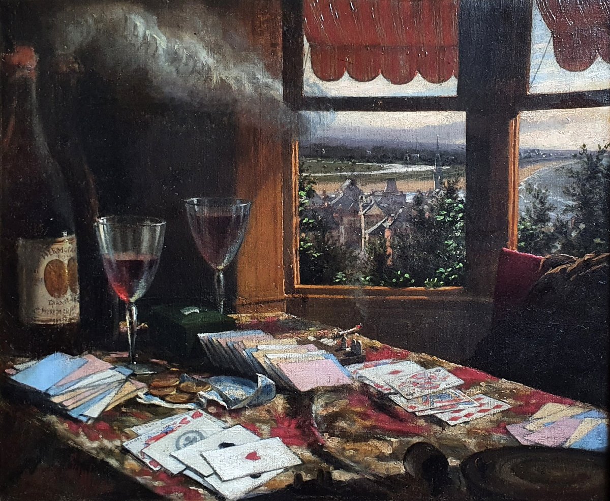 René Sanlot Baguenault *card Game At The Artist's Home In Houlgate*, Oil On Canvas