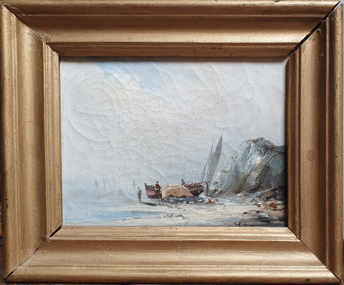 Seaside, Fishermen, View Near Le Havre, 19th-century Oil On Canvas, Normandy-photo-2