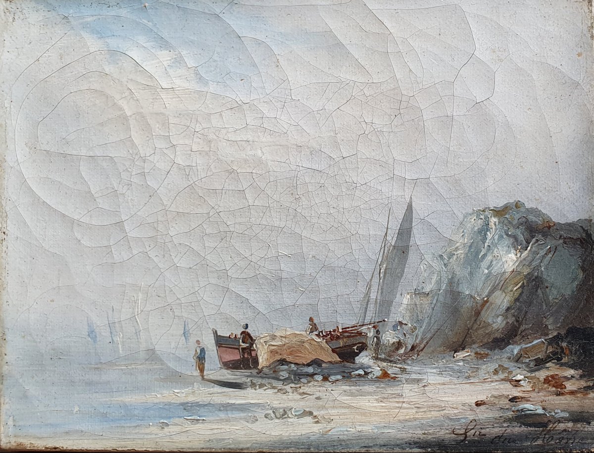 Seaside, Fishermen, View Near Le Havre, 19th-century Oil On Canvas, Normandy