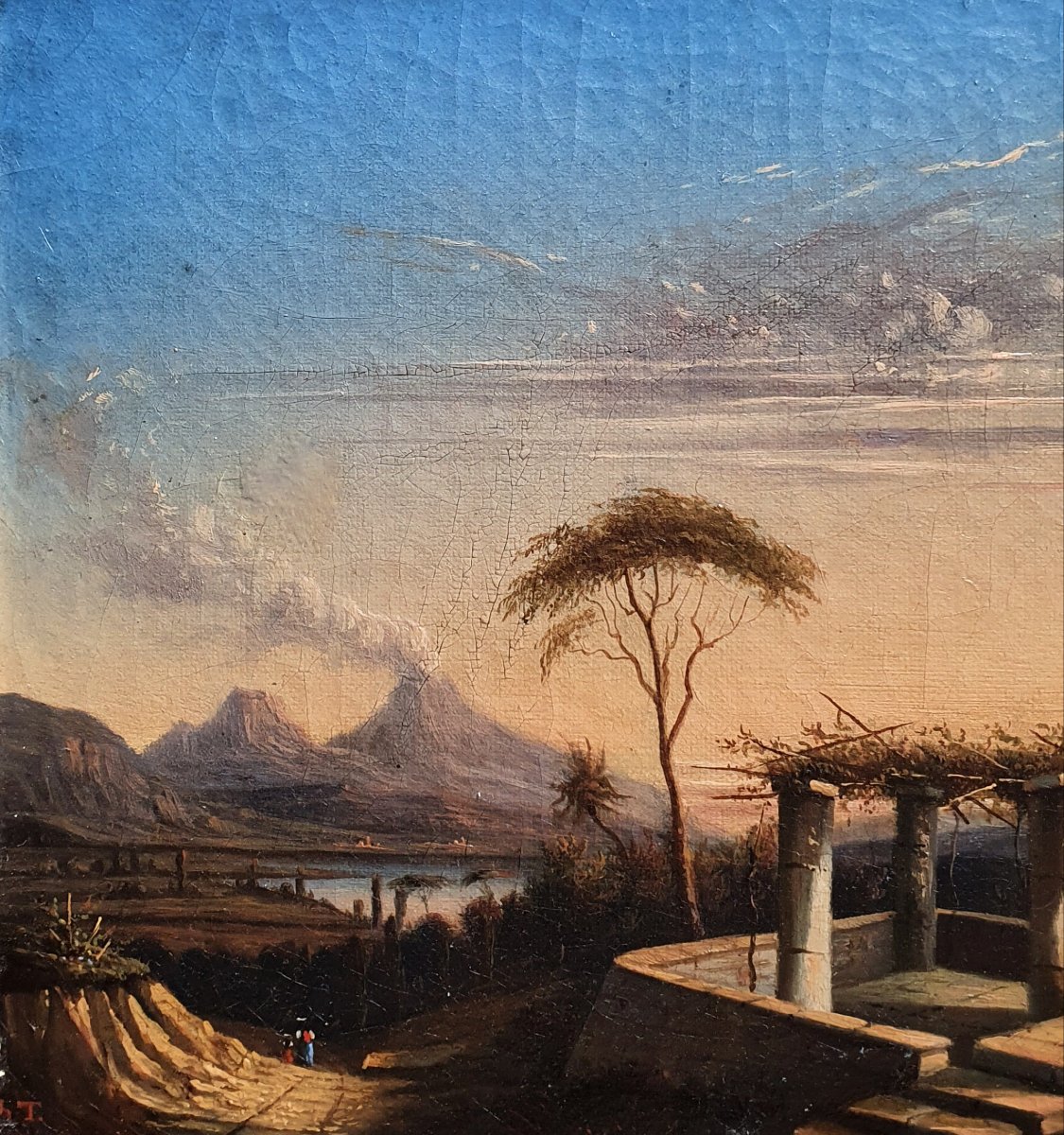 Vue du golfe de Naples Vésuve huile sur toile XIXème siècle Italie-photo-3