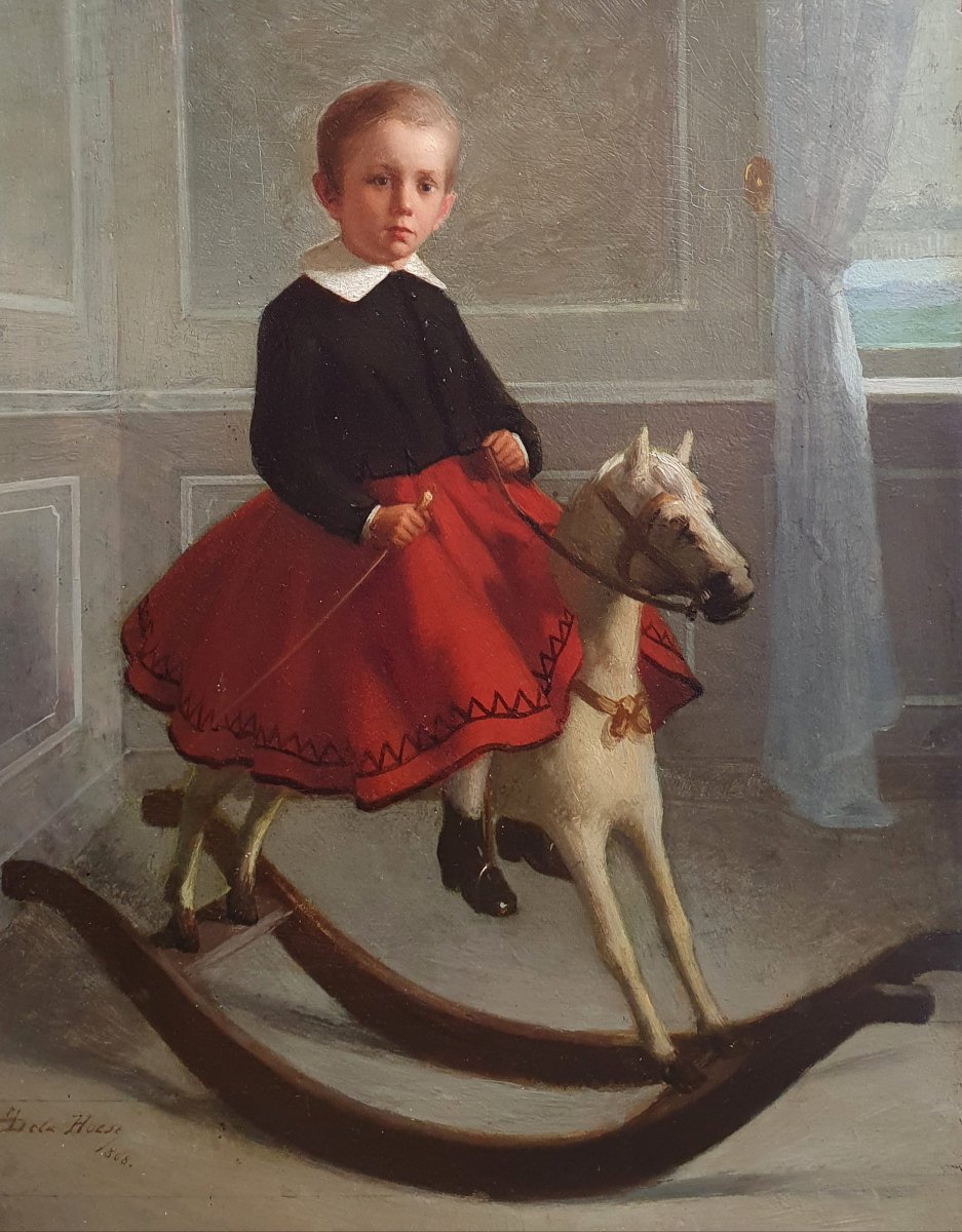 Jean De La Hoese, *young Boy On A Rocking Horse*, Oil On Panel, 1868, Belgian Painter-photo-2