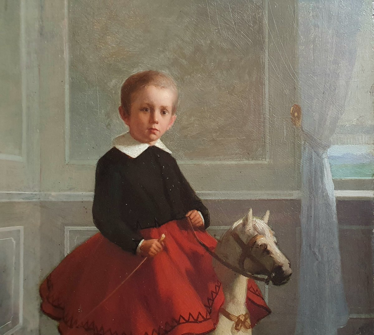 Jean De La Hoese, *young Boy On A Rocking Horse*, Oil On Panel, 1868, Belgian Painter-photo-3