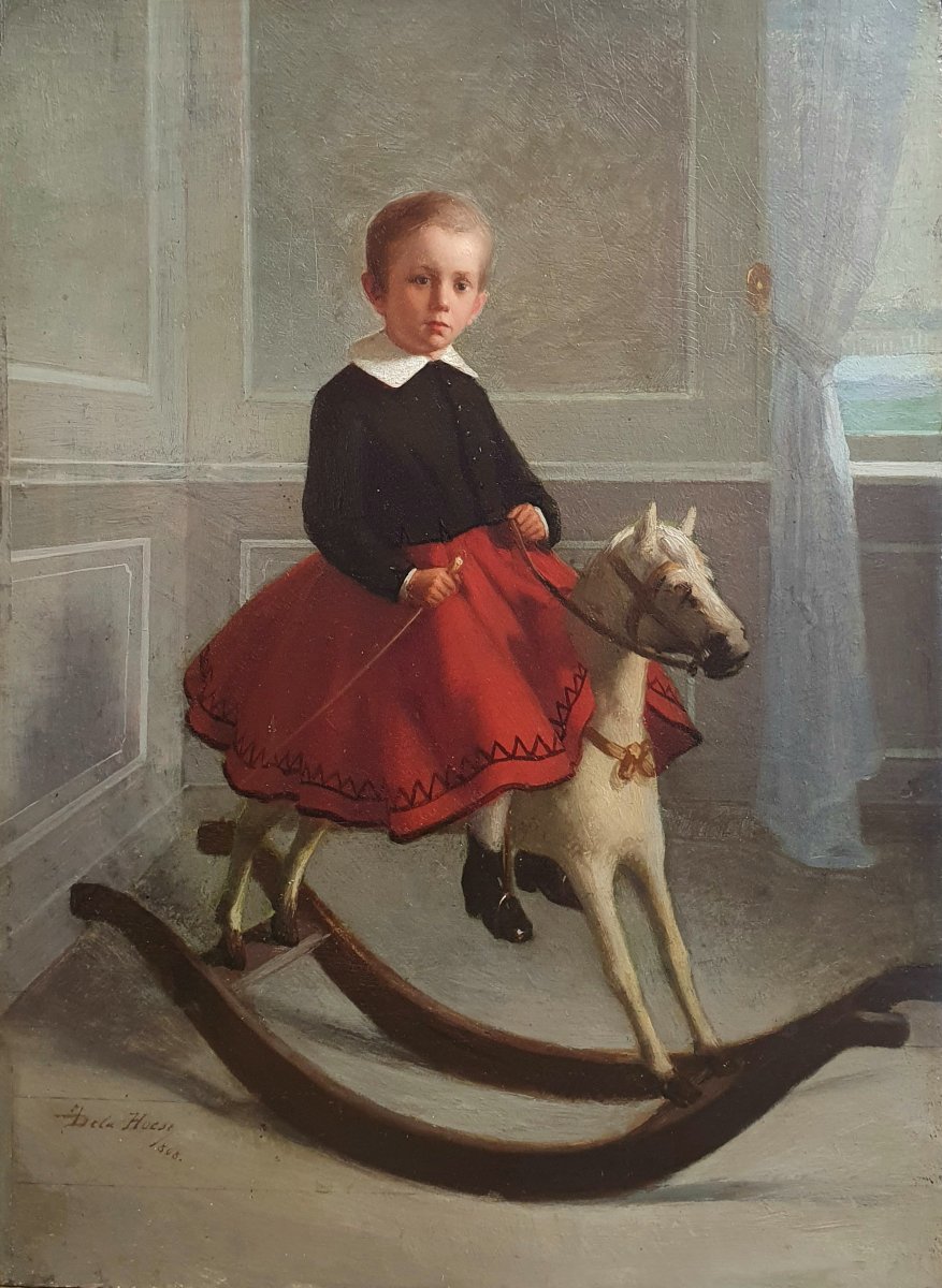 Jean De La Hoese, *young Boy On A Rocking Horse*, Oil On Panel, 1868, Belgian Painter