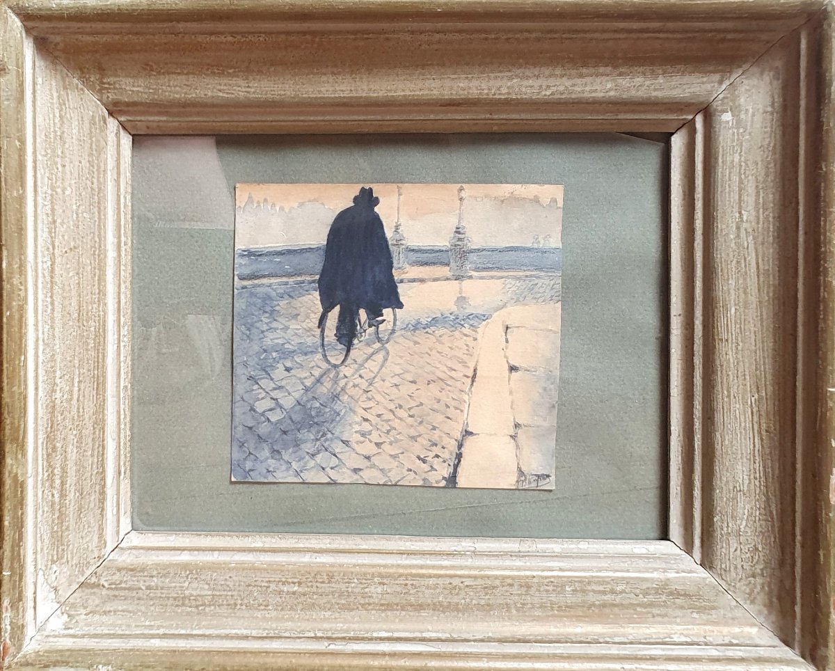 Man On A Bicycle On A Bridge In Paris; Watercolor On Drawing Paper, Circa 1930 -photo-3