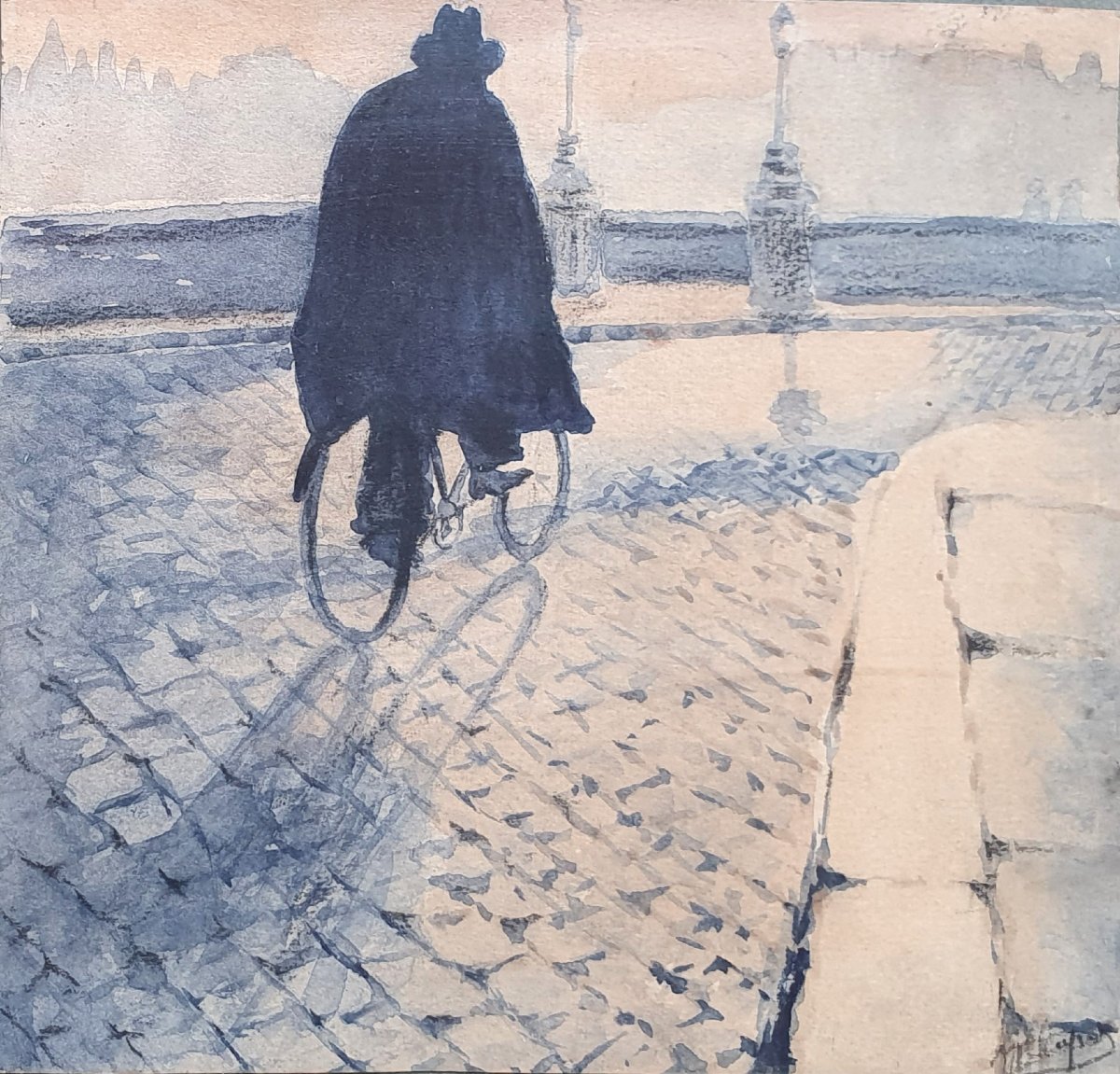 Man On A Bicycle On A Bridge In Paris; Watercolor On Drawing Paper, Circa 1930 