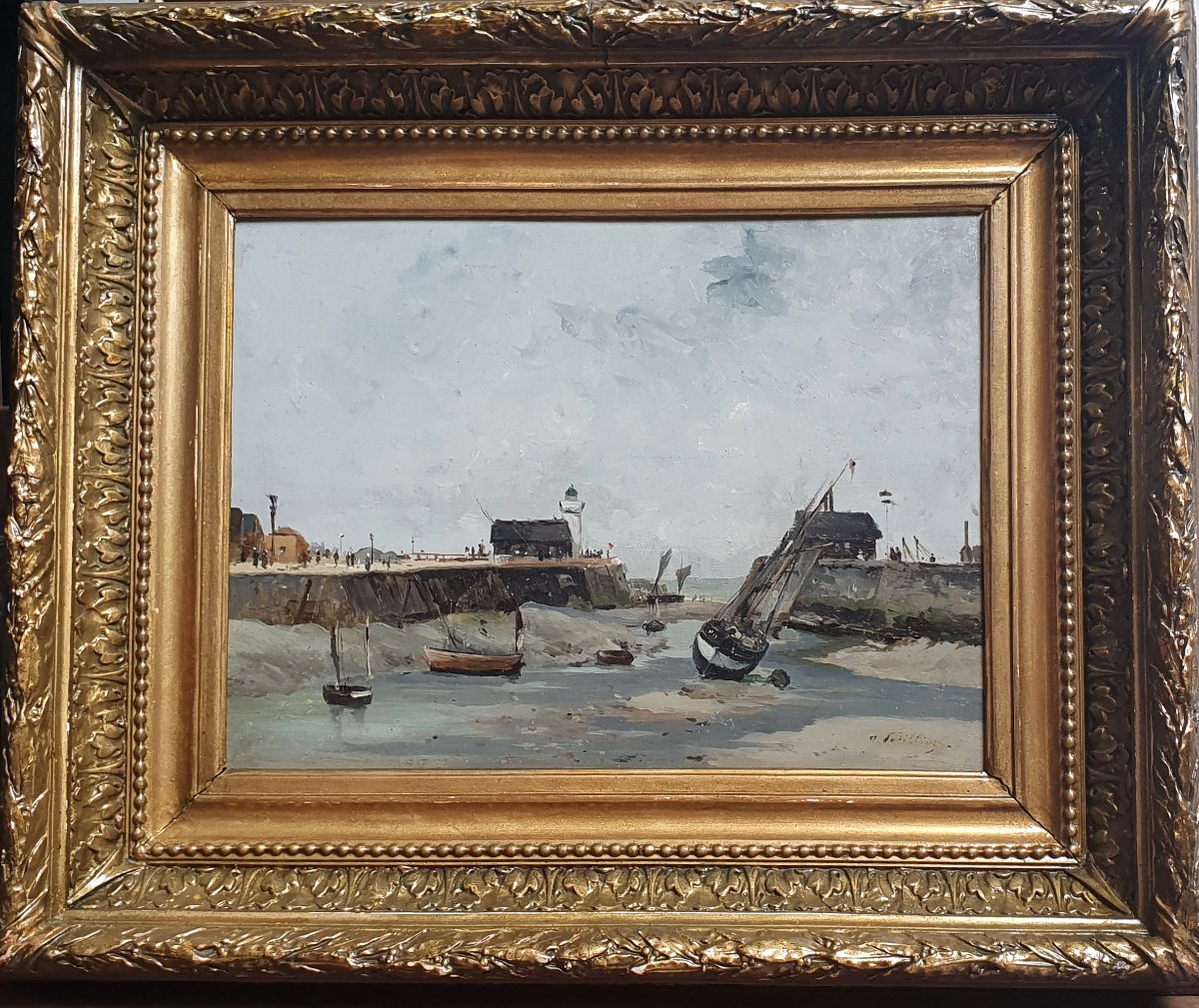 Jules Pétillon Vue du port du Tréport huile sur panneau Normandie vers 1880-photo-2