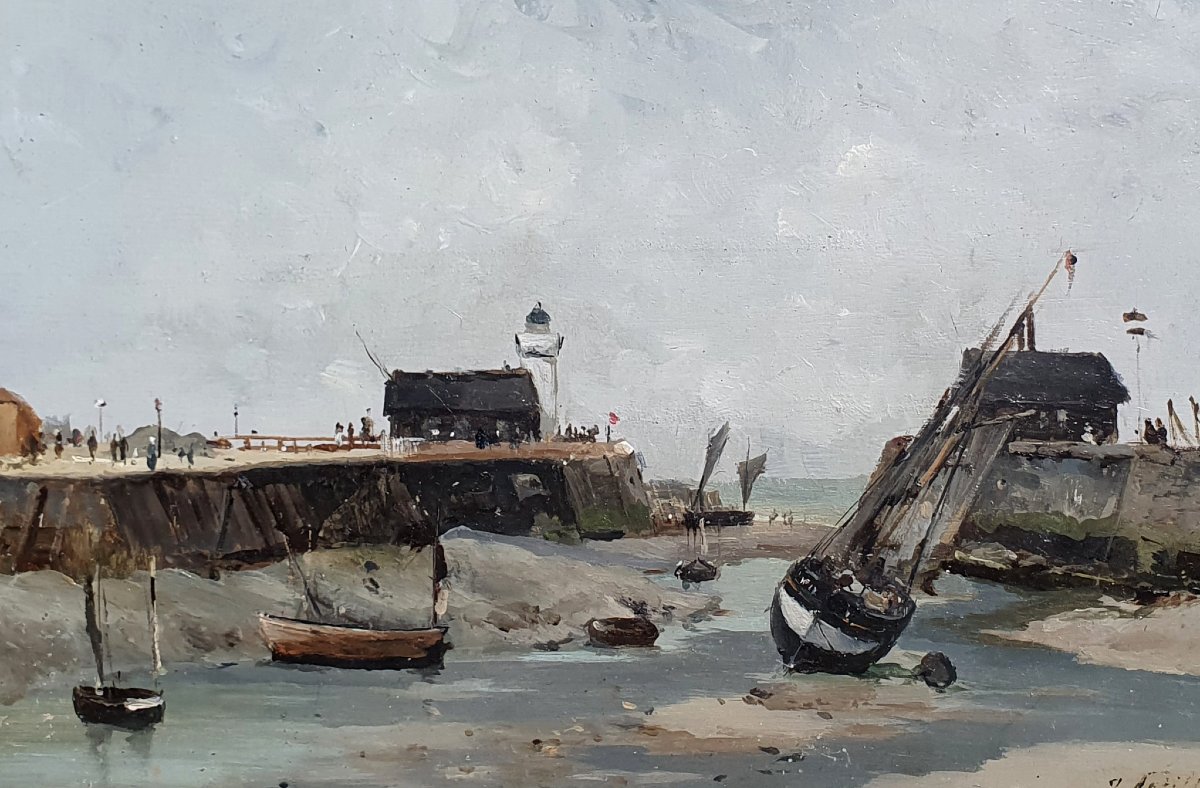 Jules Pétillon Vue du port du Tréport huile sur panneau Normandie vers 1880-photo-3