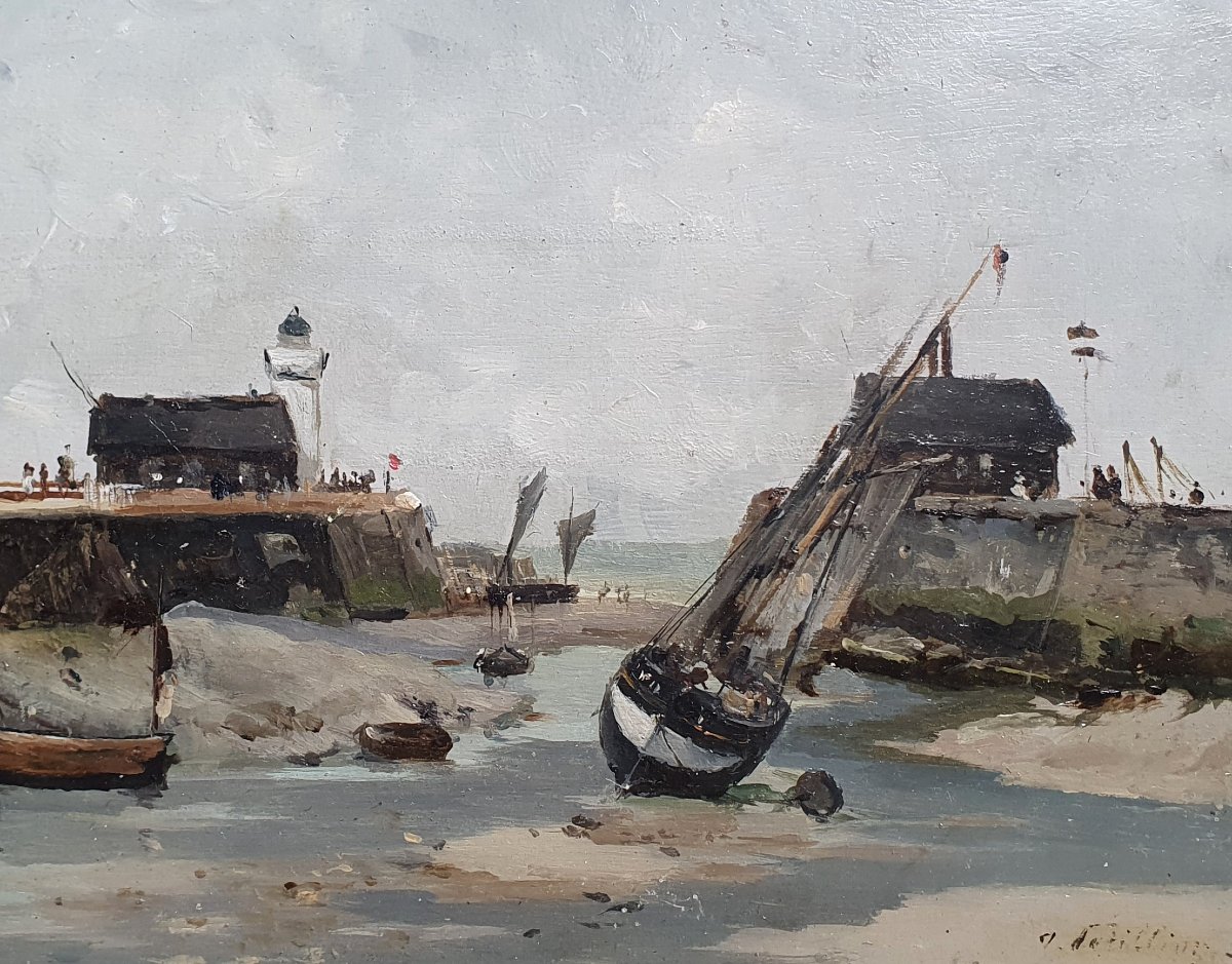 Jules Pétillon Vue du port du Tréport huile sur panneau Normandie vers 1880-photo-4