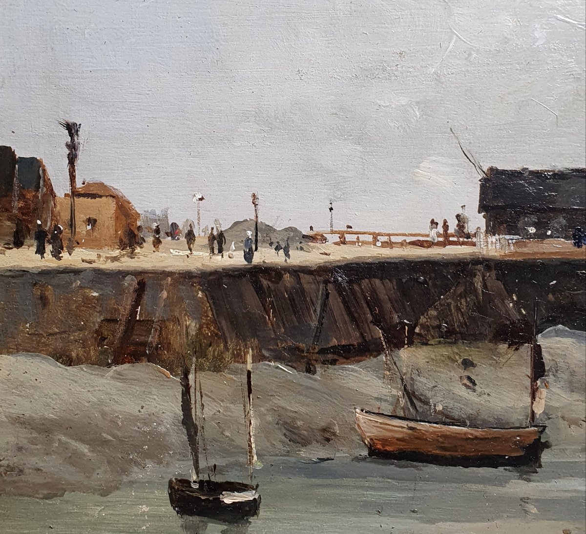 Jules Pétillon Vue du port du Tréport huile sur panneau Normandie vers 1880-photo-1