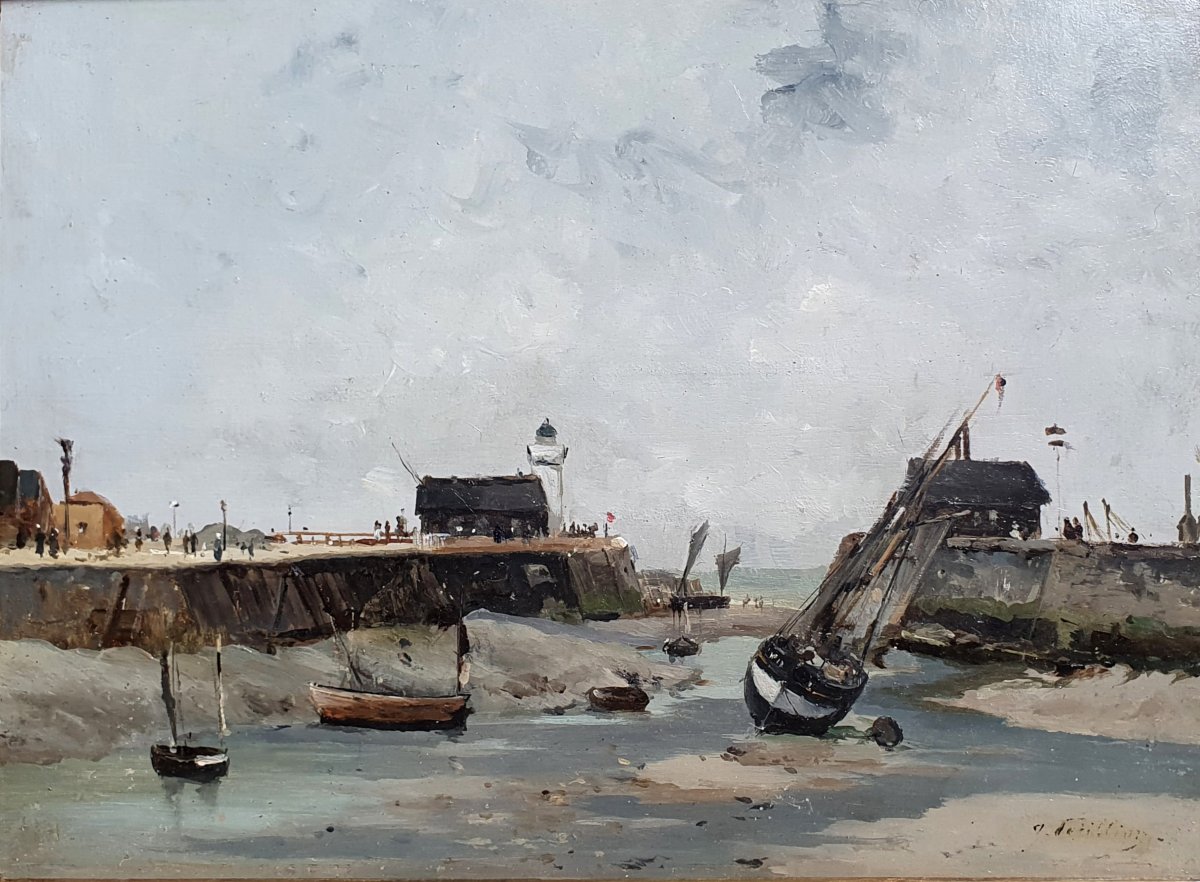 Jules Pétillon Vue du port du Tréport huile sur panneau Normandie vers 1880