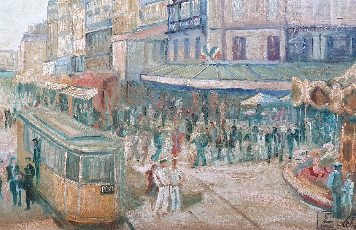Maurice Leblanc, *la Canebière And The Port Of Marseille*, Oil On Canvas, Mediterranean, 20th Century -photo-2