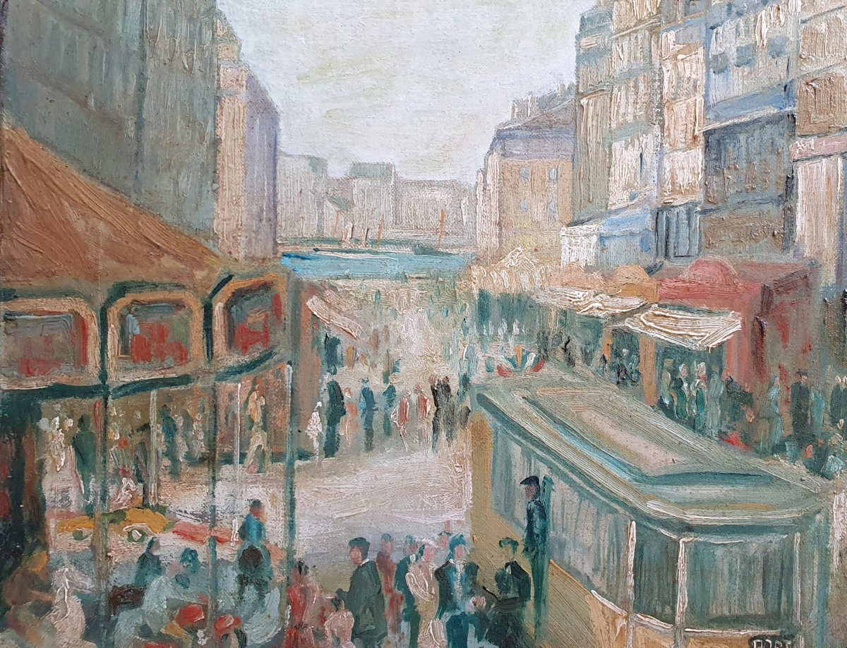 Maurice Leblanc, *la Canebière And The Port Of Marseille*, Oil On Canvas, Mediterranean, 20th Century -photo-3