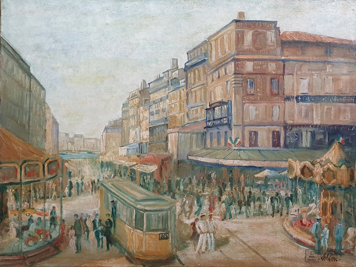 Maurice Leblanc, *la Canebière And The Port Of Marseille*, Oil On Canvas, Mediterranean, 20th Century 