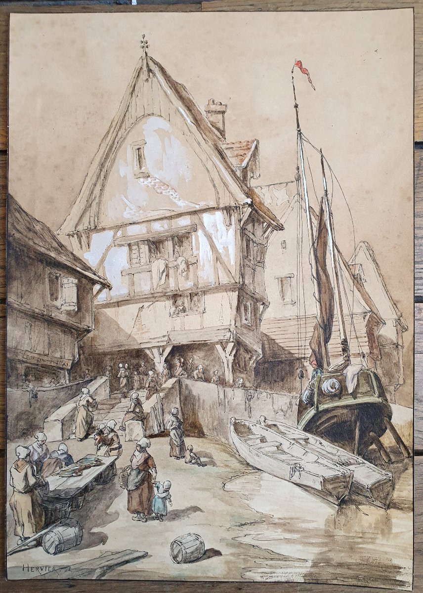 Louis Adolphe Hervier Le marché à la criée dans une ville en Normandie plume et aquarelle 1854 -photo-2