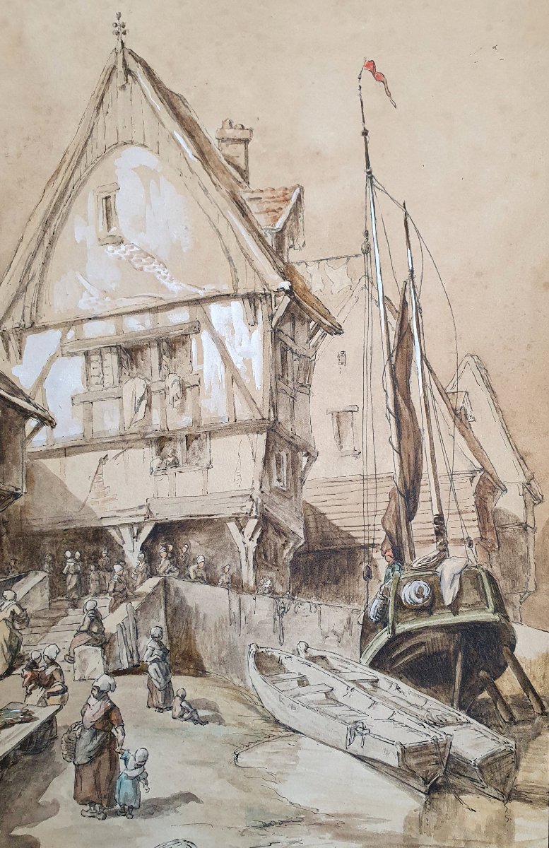 Louis Adolphe Hervier Le marché à la criée dans une ville en Normandie plume et aquarelle 1854 -photo-3