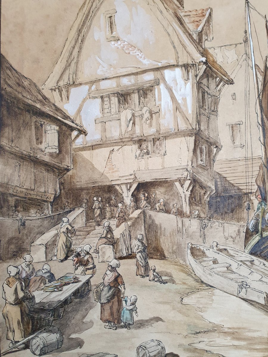 Louis Adolphe Hervier Le marché à la criée dans une ville en Normandie plume et aquarelle 1854 -photo-4