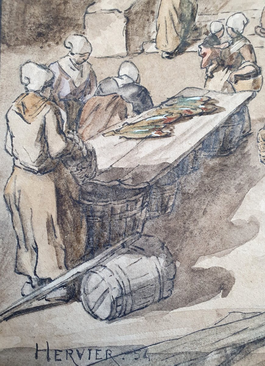 Louis Adolphe Hervier Le marché à la criée dans une ville en Normandie plume et aquarelle 1854 -photo-1