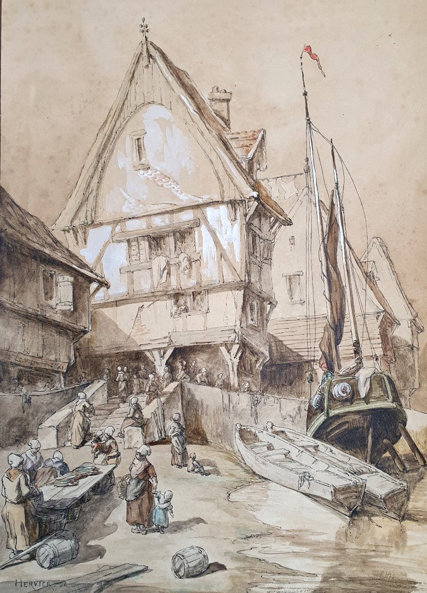 Louis Adolphe Hervier Le marché à la criée dans une ville en Normandie plume et aquarelle 1854 