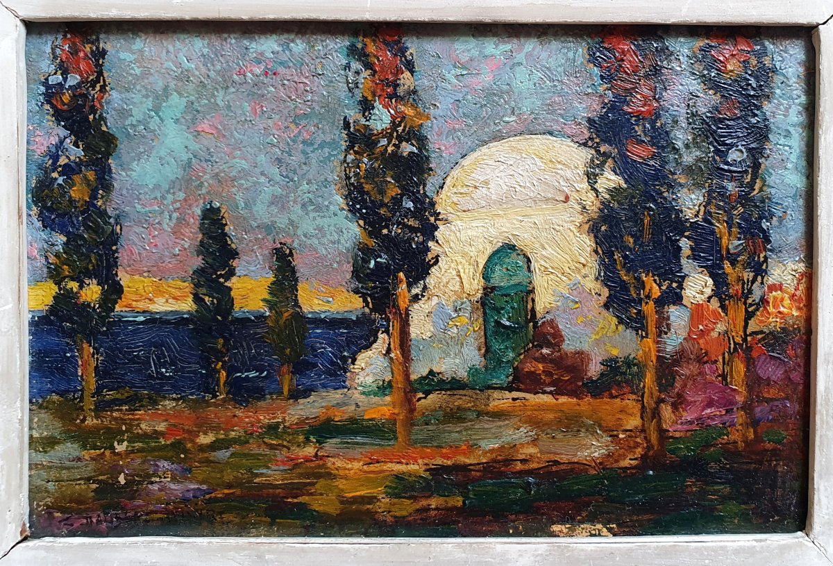 Charles Dagnac Rivière mosquée sur le bosphore Istanbul Turquie huile sur panneau vers 1900-photo-2