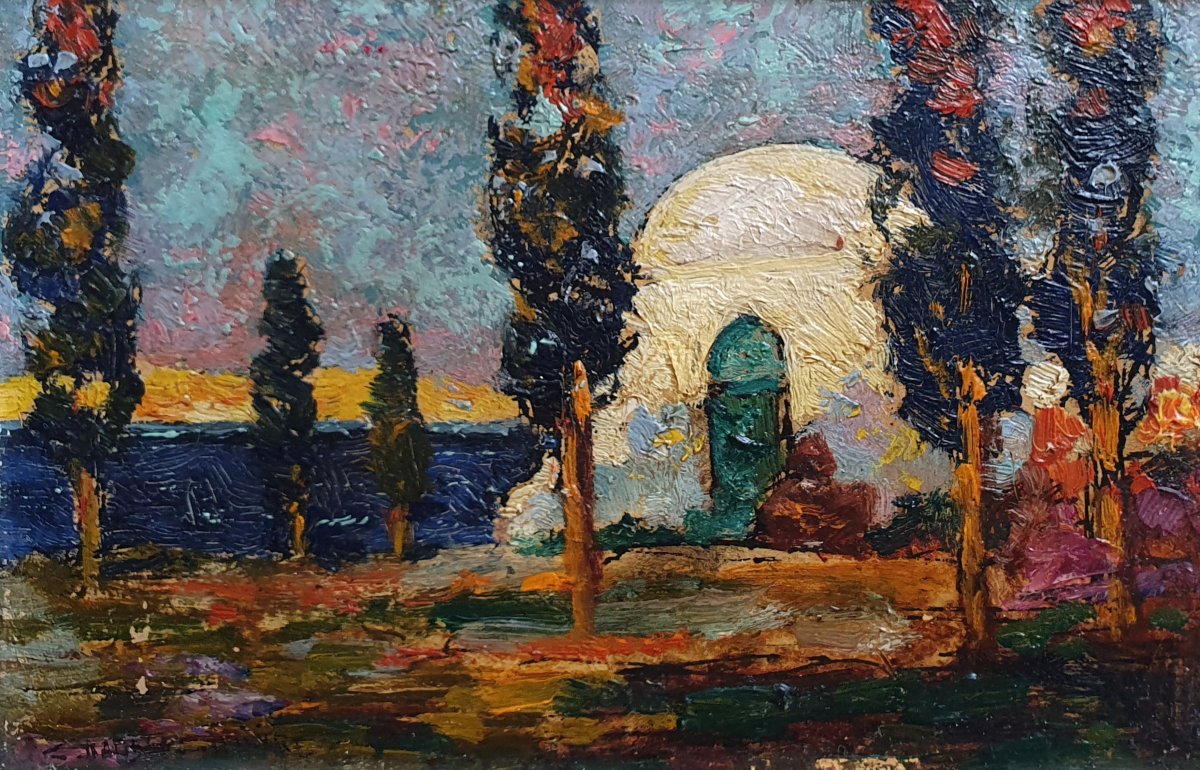 Charles Dagnac Rivière mosquée sur le bosphore Istanbul Turquie huile sur panneau vers 1900