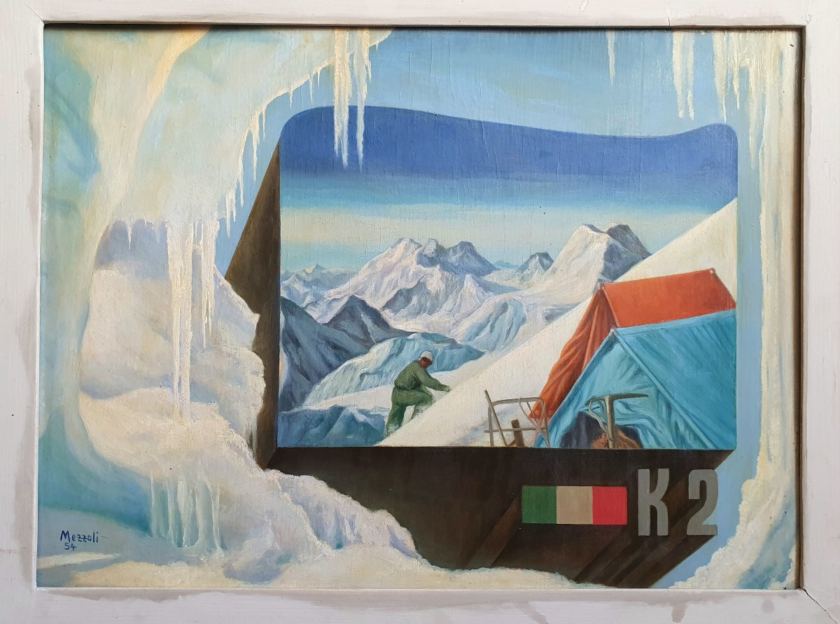 Olmedo Mezzoli Alpinisme K2 huile sur panneau 1954 Chine Pakistan montagne -photo-2