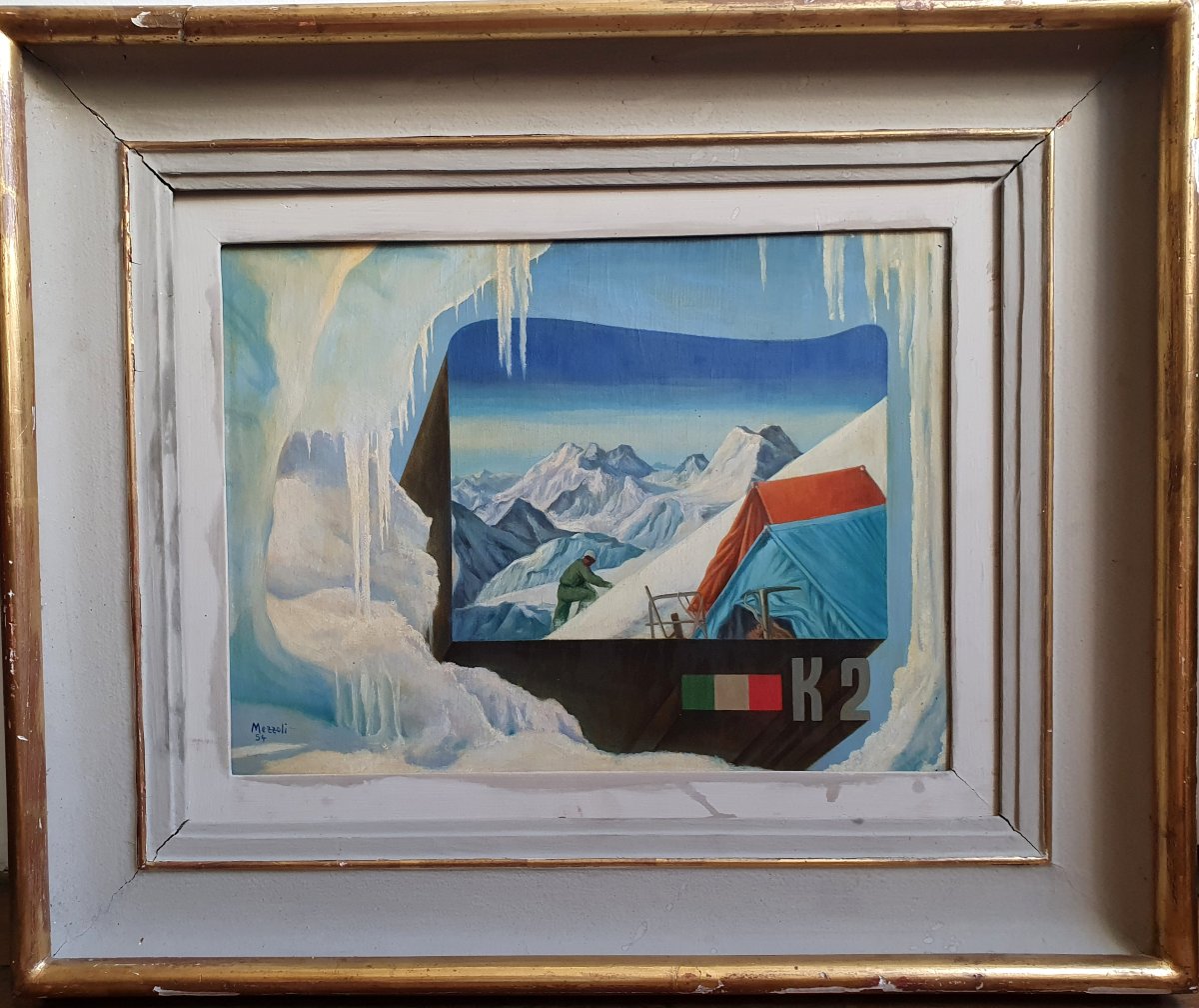 Olmedo Mezzoli Alpinisme K2 huile sur panneau 1954 Chine Pakistan montagne -photo-3